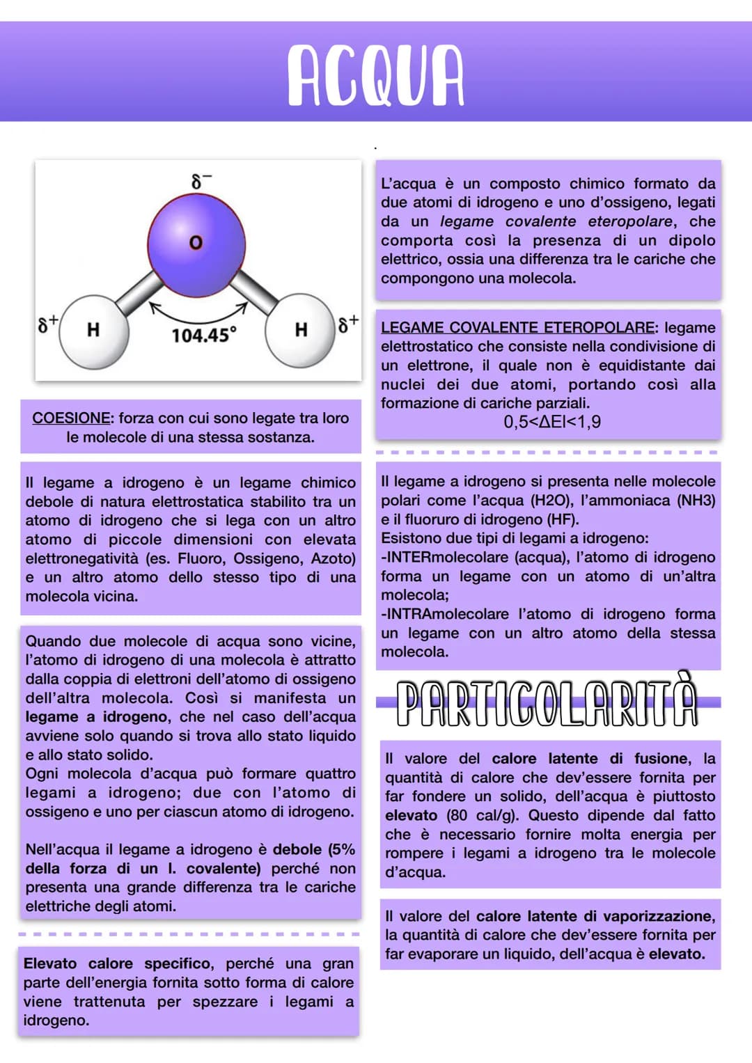 8+
H
8¯
104.45°
ACQUA
H
8+
COESIONE: forza con cui sono legate tra loro
le molecole di una stessa sostanza.
Il legame a idrogeno è un legame