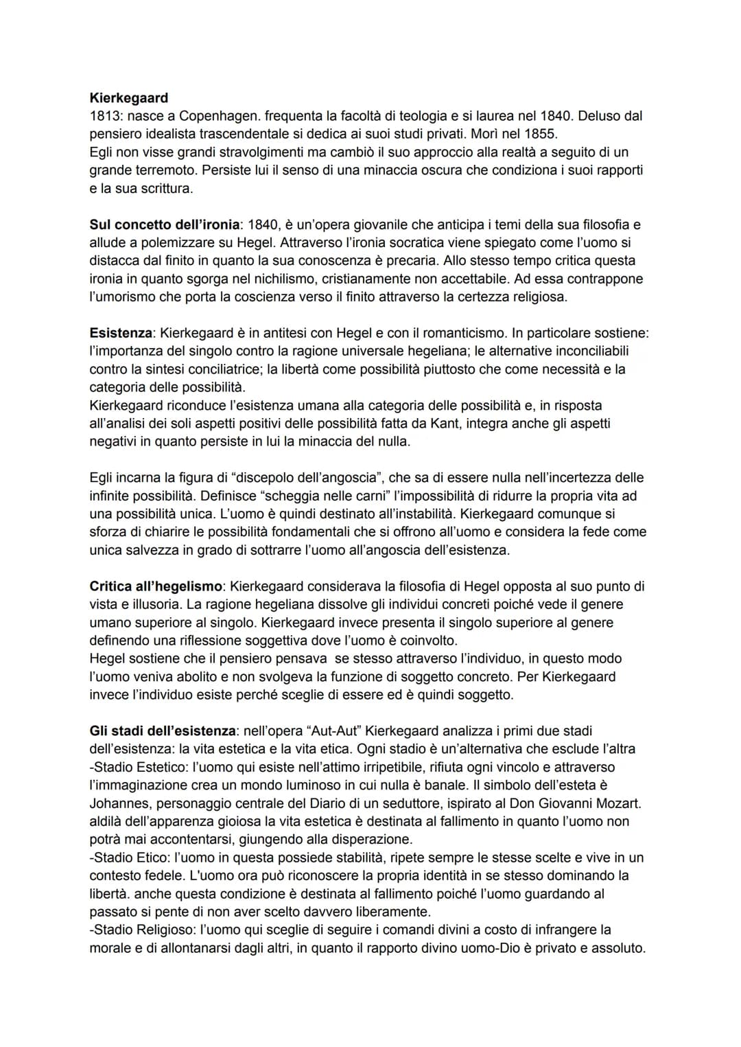 Kierkegaard
1813: nasce a Copenhagen. frequenta la facoltà di teologia e si laurea nel 1840. Deluso dal
pensiero idealista trascendentale si