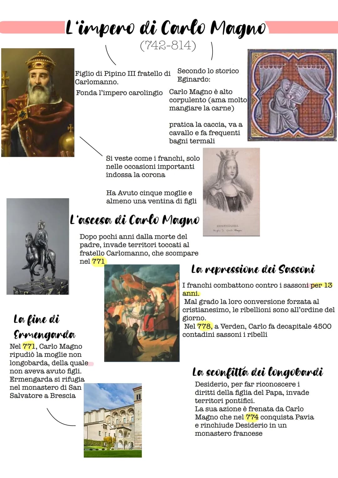 (6
L'impero di Carlo Magno
(742-814)
Figlio di Pipino III fratello di
Carlomanno.
Secondo lo storico
Eginardo:
Fonda l'impero carolingio Car
