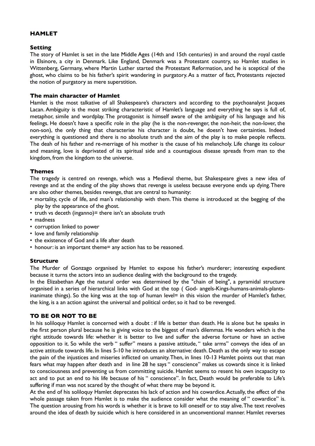 # HAMLET

## Setting

The story of Hamlet is set in the late Middle Ages (14th and 15th centuries) in and around the royal castle
in Elsinor