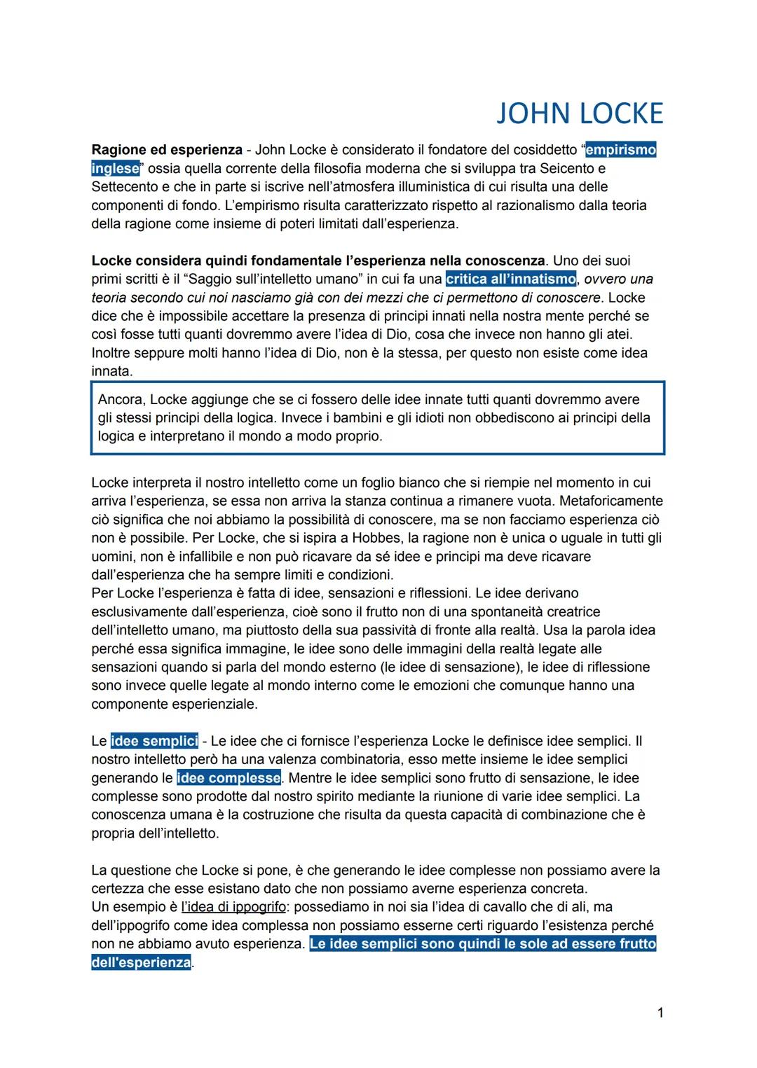 # JOHN LOCKE

Ragione ed esperienza - John Locke è considerato il fondatore del cosiddetto "empirismo
inglese ossia quella corrente della fi
