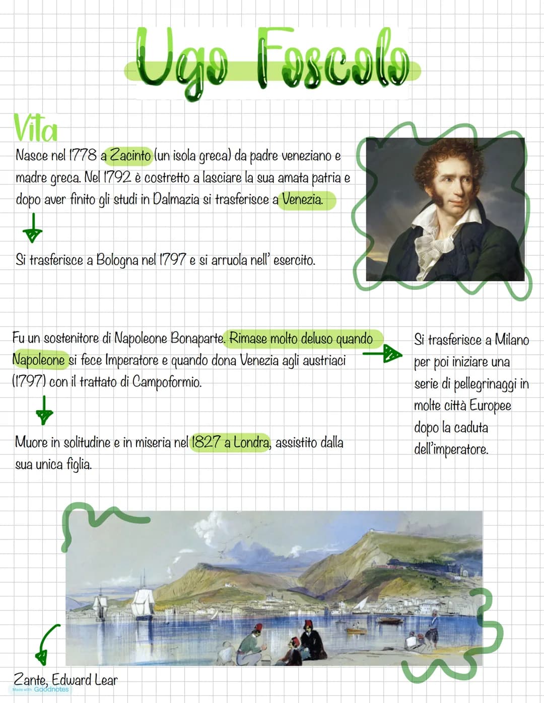 Ugo Foscolo
Vita
Nasce nel 1778 a Zacinto (un isola greca) da padre veneziano e
madre
greca. Nel 1792 è costretto a lasciare la sua amata pa