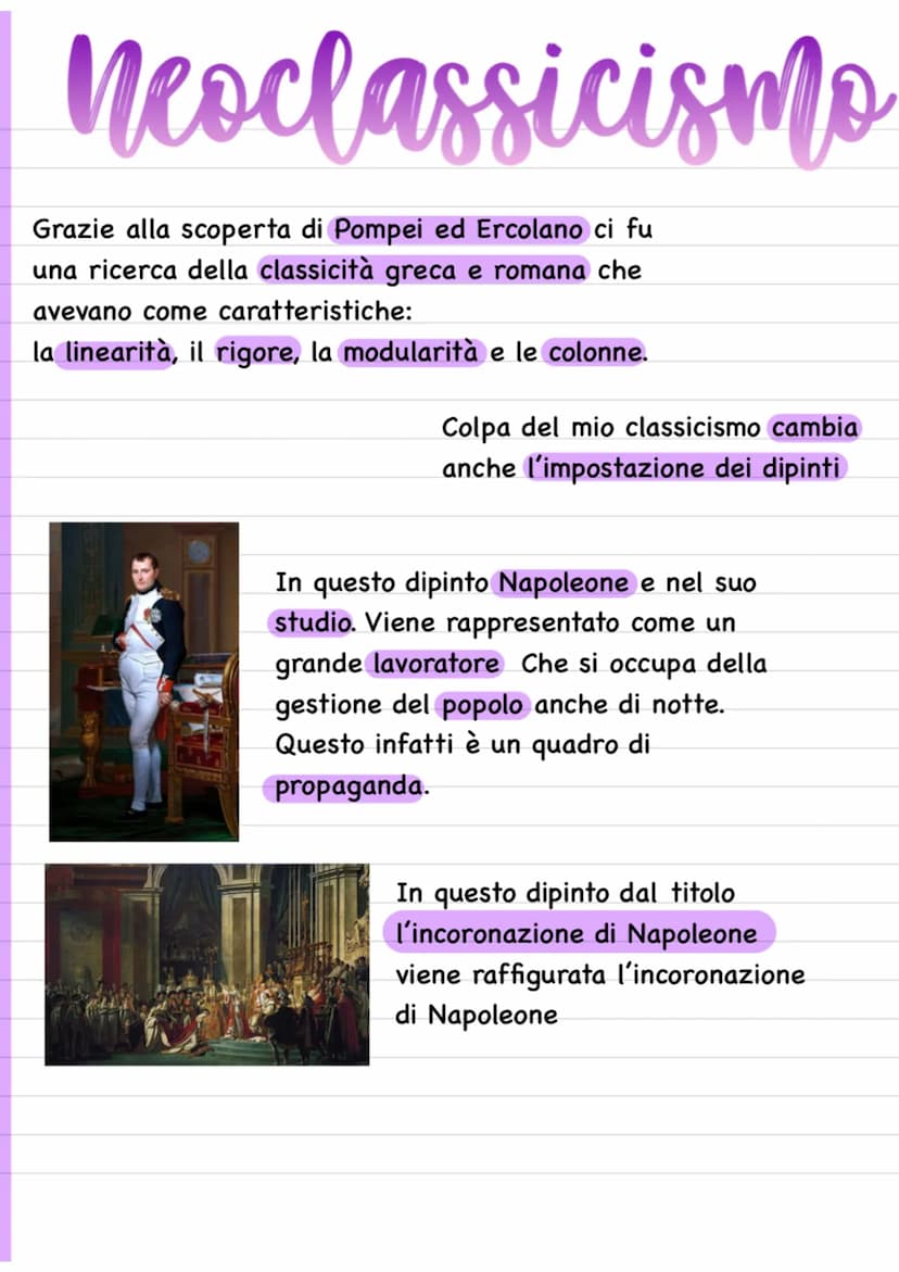 Neoclassicismo
Grazie alla scoperta di Pompei ed Ercolano ci fu
una ricerca della classicità greca e romana che
avevano come caratteristiche