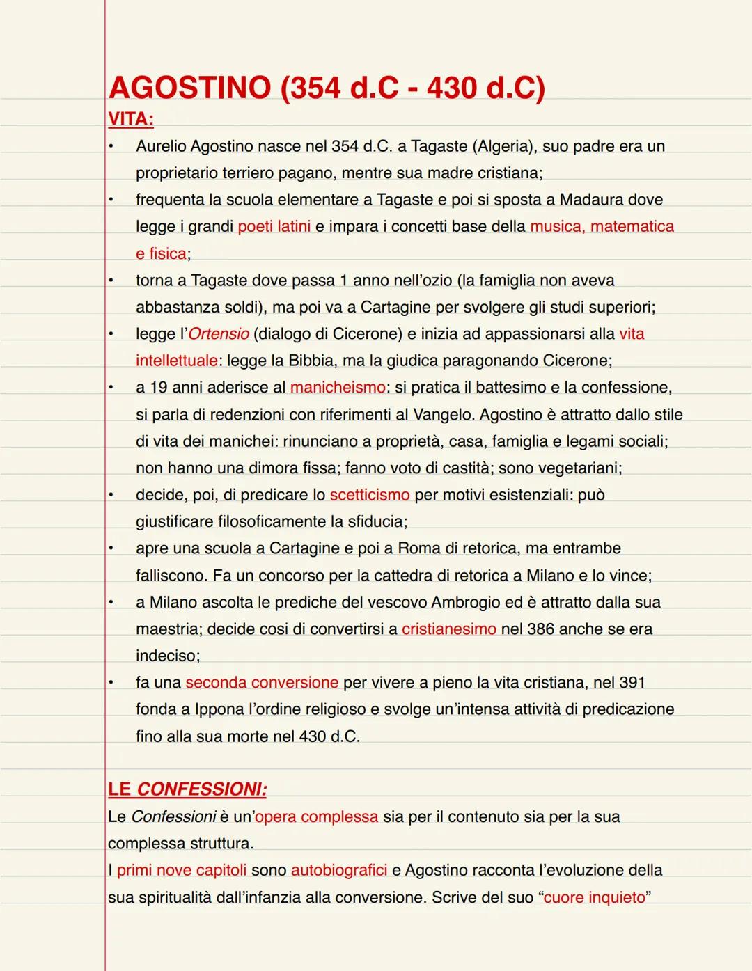 # AGOSTINO (354 d.C - 430 d.C)

VITA:
- Aurelio Agostino nasce nel 354 d.C. a Tagaste (Algeria), suo padre era un
proprietario terriero paga