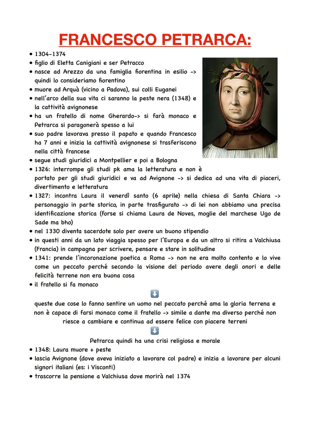 FRANCESCO PETRARCA:
1304-1374
● figlio di Eletta Canigiani e ser Petracco
• nasce ad Arezzo da una famiglia fiorentina in esilio ->
quindi l