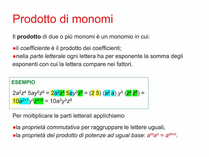 Monomi Definizione di monomio
Un monomio è un'espressione letterale in cui compaiono soltanto
moltiplicazioni fra
•numeri
●potenze di letter