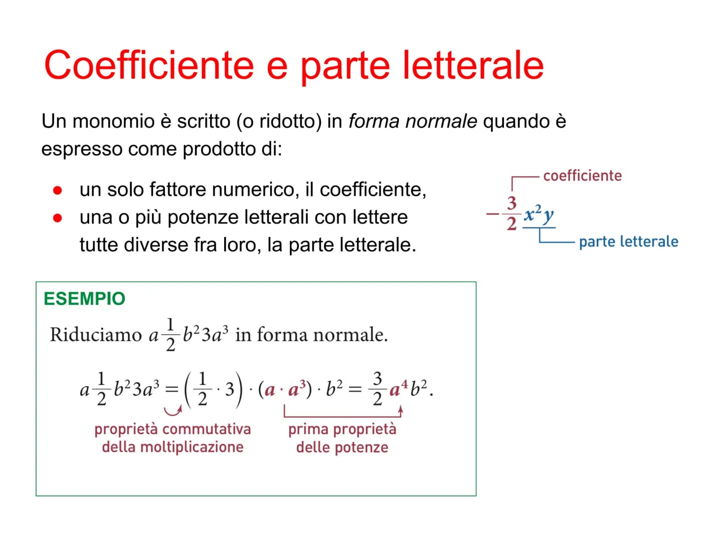 Monomi Definizione di monomio
Un monomio è un'espressione letterale in cui compaiono soltanto
moltiplicazioni fra
•numeri
●potenze di letter