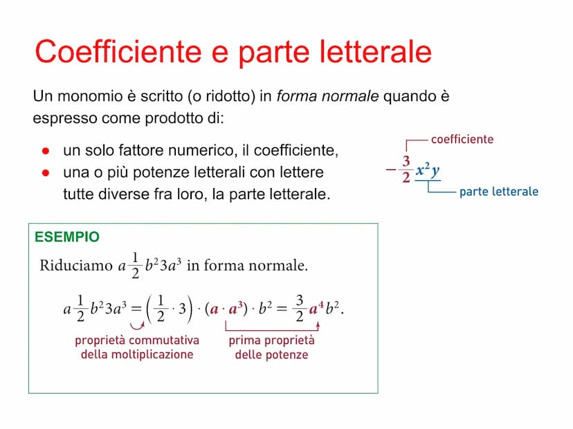 Monomi Definizione di monomio
Un monomio è un'espressione letterale in cui compaiono soltanto
moltiplicazioni fra
•numeri
●potenze di letter