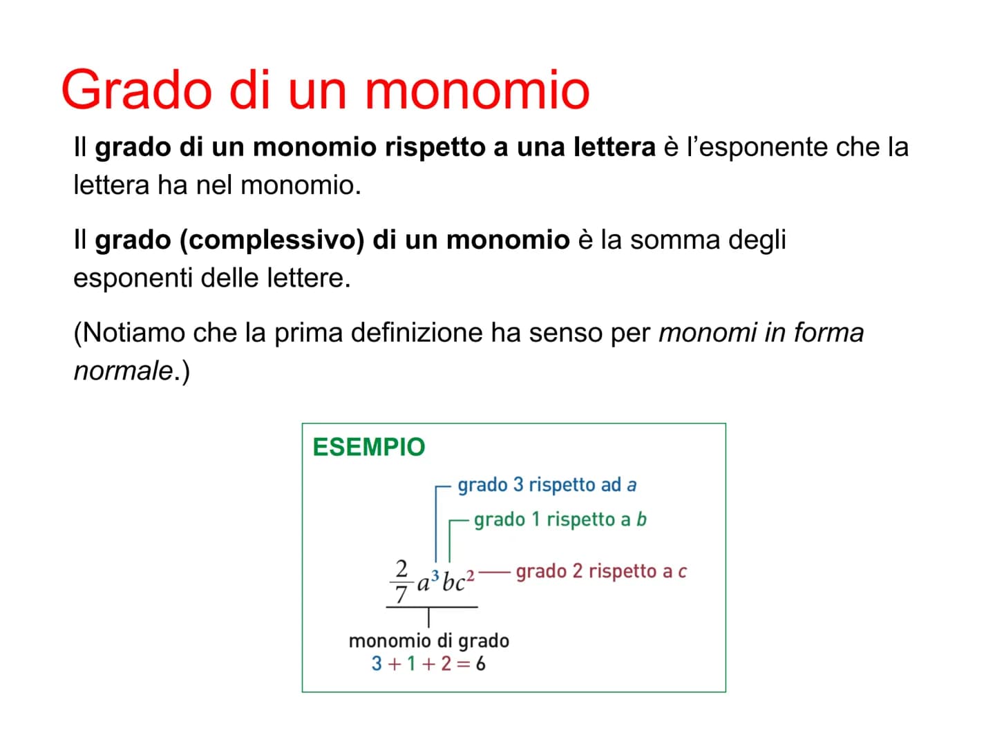 Monomi Definizione di monomio
Un monomio è un'espressione letterale in cui compaiono soltanto
moltiplicazioni fra
•numeri
●potenze di letter