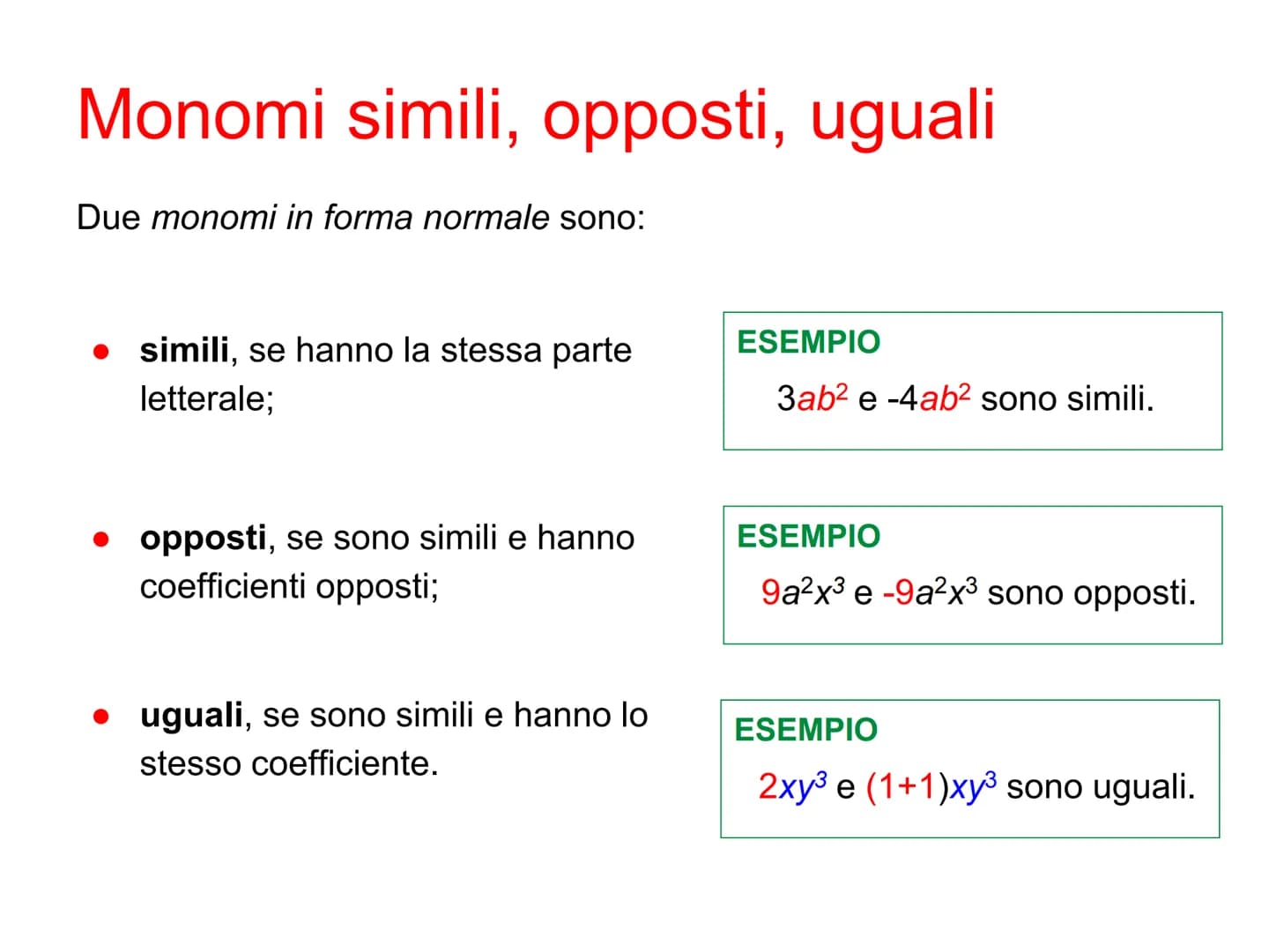 Monomi Definizione di monomio
Un monomio è un'espressione letterale in cui compaiono soltanto
moltiplicazioni fra
•numeri
●potenze di letter