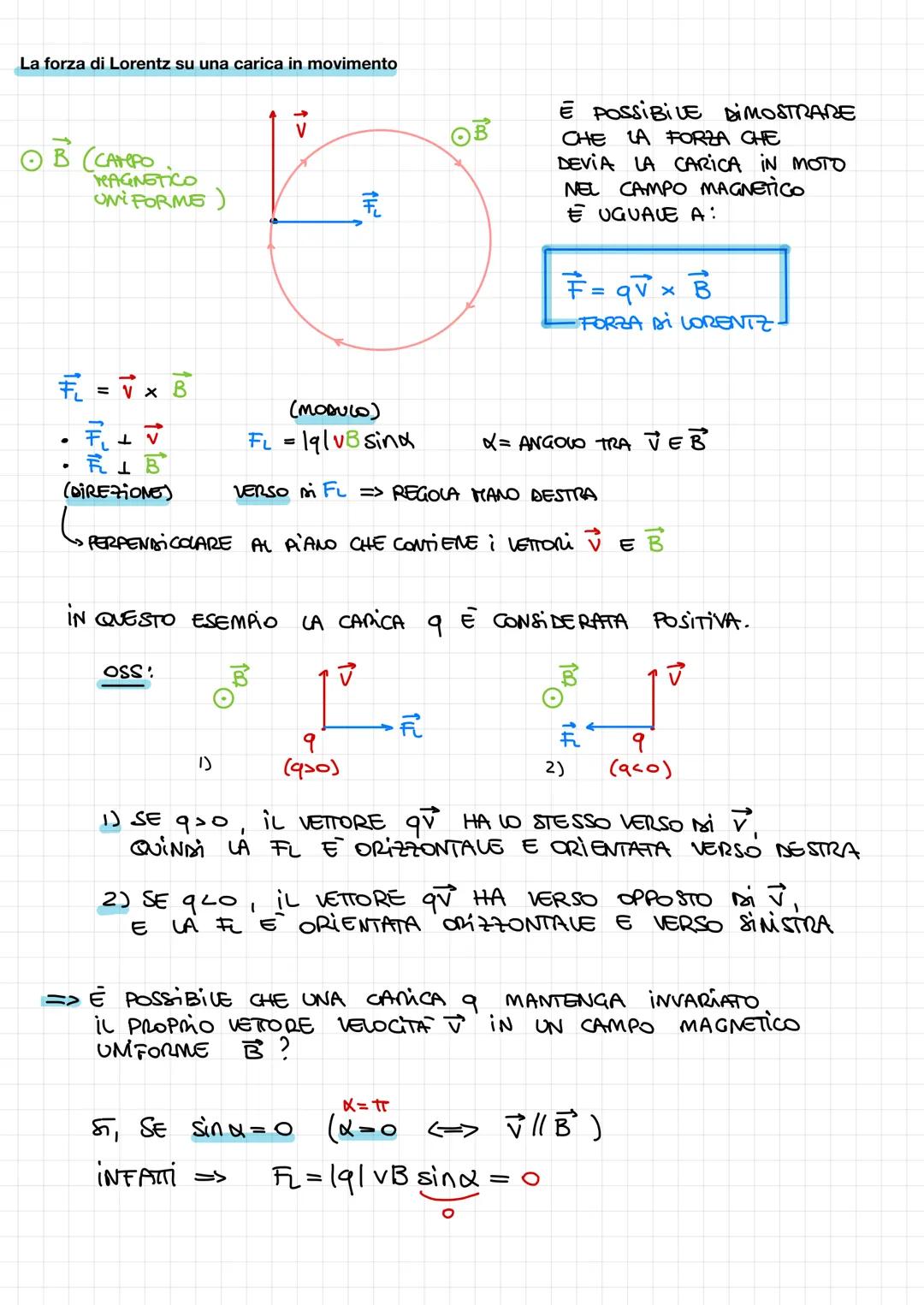 La forza di Lorentz su una carica in movimento
в (сатеро
=√x B
LV
F
(DIREZIONE)
●
MAGNETICO
UNIFORMS)
·
7₁
F
(MODULO)
FL = 191vB sing
VERSO 