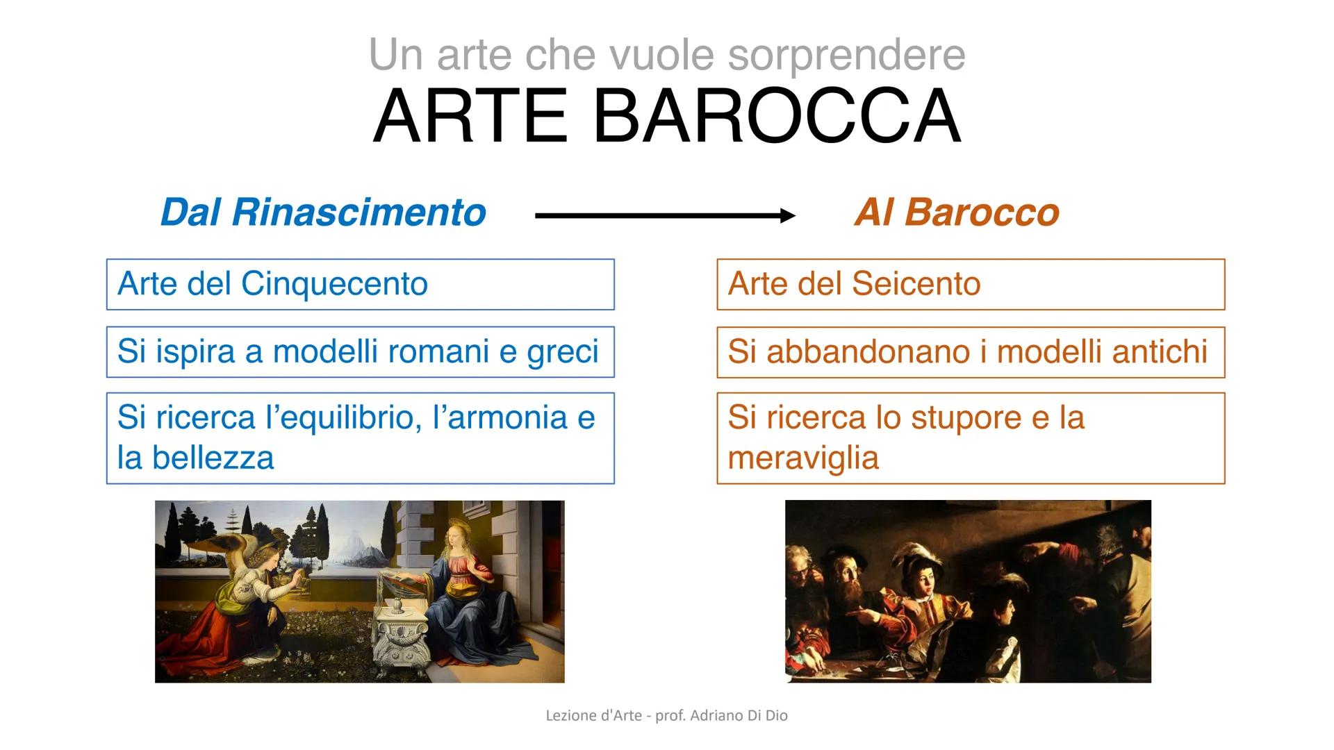 L'arte

BAROCCA

Lezione d'Arte - prof. Adriano Di Dio Un arte che vuole sorprendere
ARTE BAROCCA
Dal Rinascimento
Arte del Cinquecento
Si i
