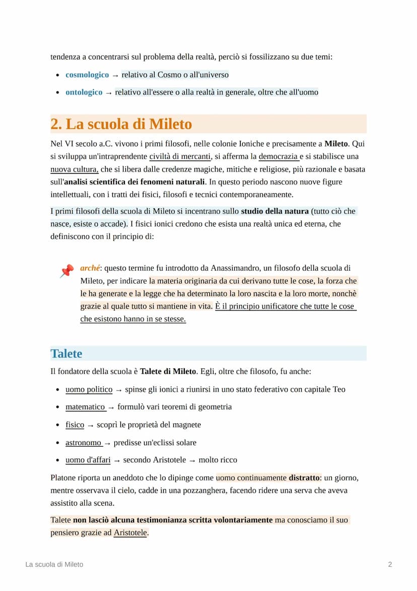 La scuola di Mileto
1. I primi filosofi
Prima dei grandi filosofi esistevano i cosiddetti prefilosofi, uomini saggi contemporanei che
ragion
