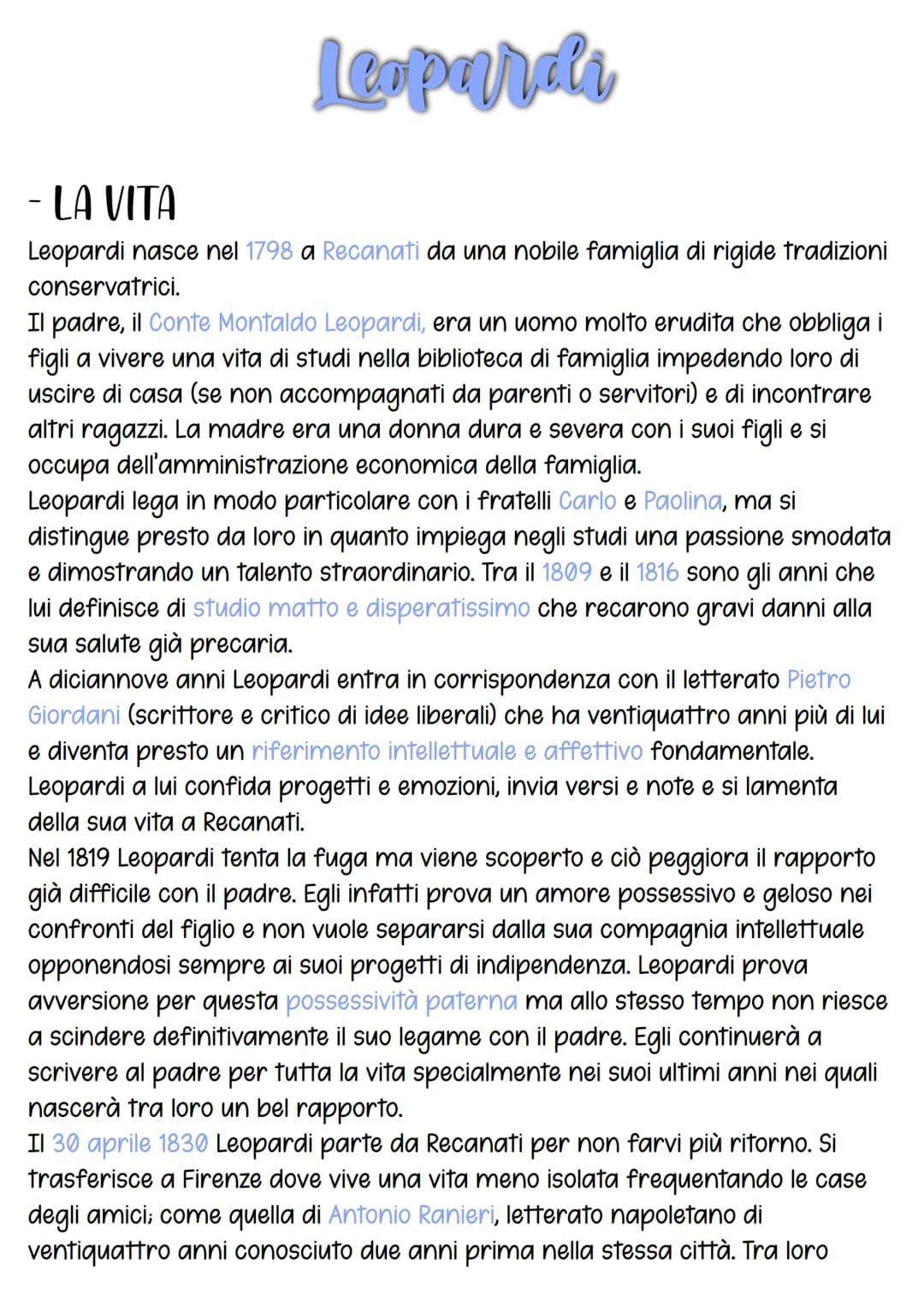 Leopards
- LA VITA
Leopardi nasce nel 1798 a Recanati da una nobile famiglia di rigide tradizioni
conservatrici.
Il padre, il Conte Montaldo