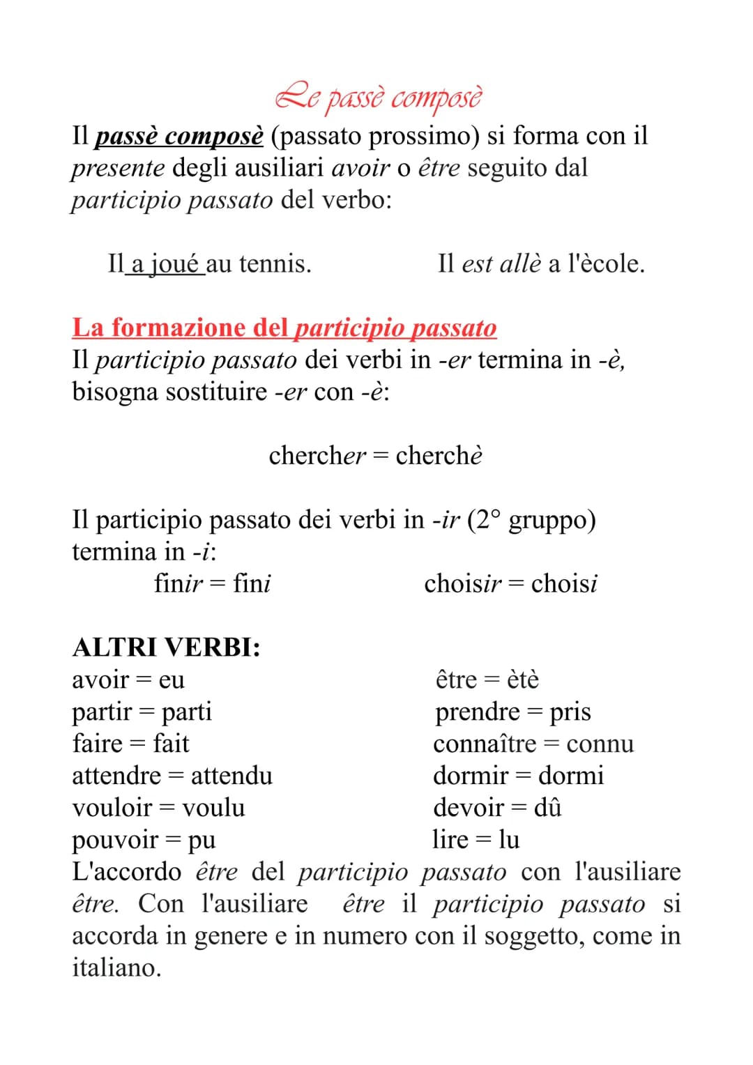 Le passè composé
Il passè composè (passato prossimo) si forma con il
presente degli ausiliari avoir o être seguito dal
participio passato de
