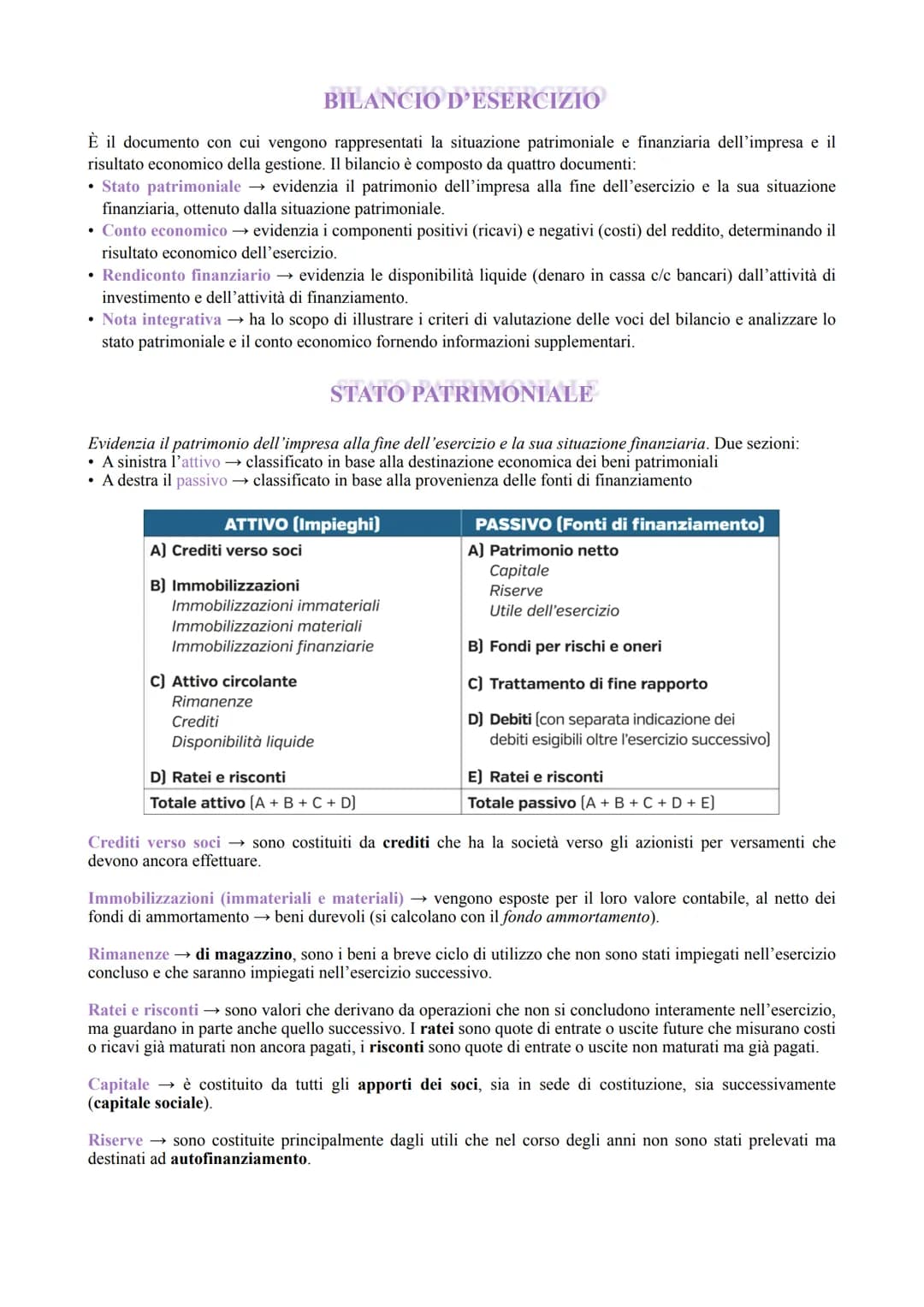 BILANCIO D'ESERCIZIO
È il documento con cui vengono rappresentati la situazione patrimoniale e finanziaria dell'impresa e il
risultato econo
