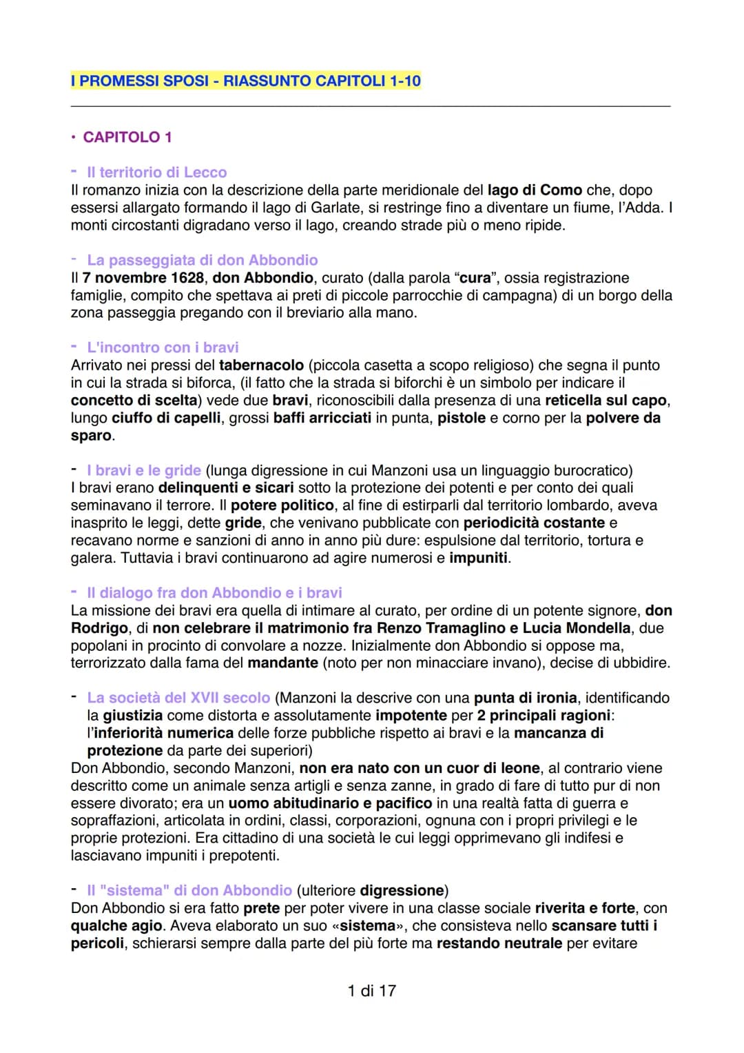 I PROMESSI SPOSI - RIASSUNTO CAPITOLI 1-10
• CAPITOLO 1
-Il territorio di Lecco
Il romanzo inizia con la descrizione della parte meridionale