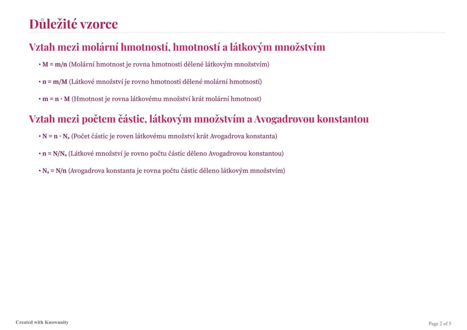 Molární hmotnost, látková porce a látkové množství
Důležité vzorce a vysvětlení týkající se molární hmotnosti a látkového množství v chemii.