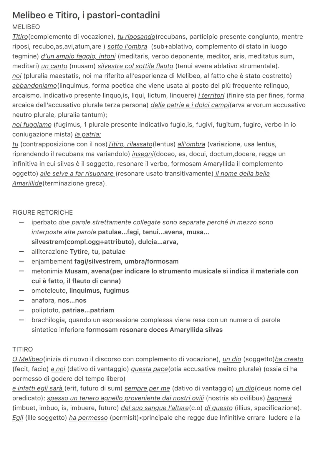Melibeo e Titiro, i pastori-contadini
MELIBEO
Titiro (complemento di vocazione), tu riposando (recubans, participio presente congiunto, ment