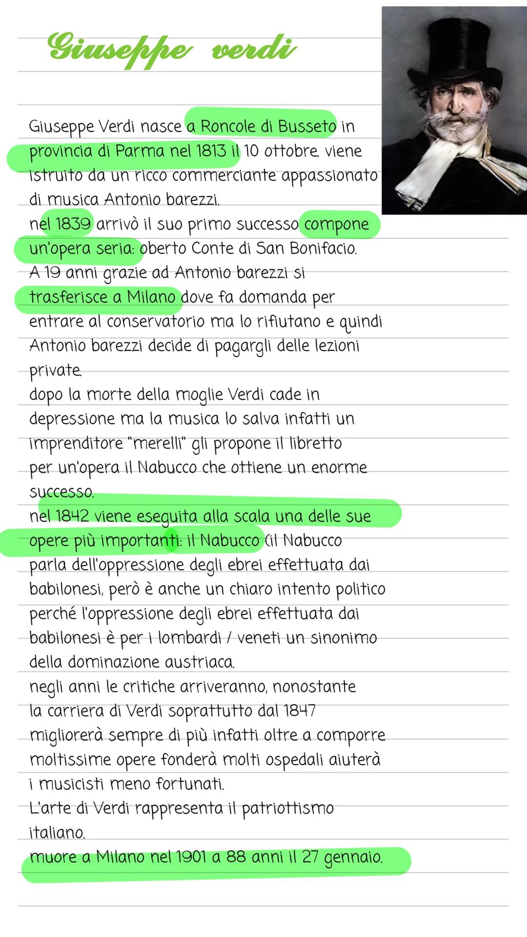 Giuseppe verdi
Giuseppe Verdi nasce a Roncole di Busseto in
provincia di Parma nel 1813 il 10 ottobre viene
istruito da un ricco commerciant