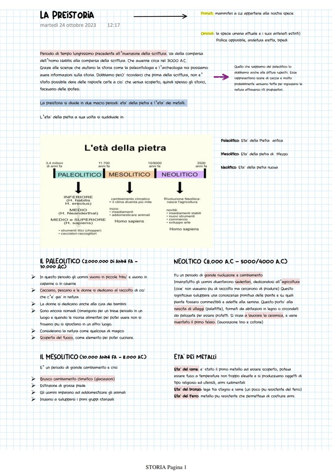 >
A A A A
LA PREISTORIA
martedì 24 ottobre 2023 12:17
La preistoria si divide in due macro periodi: eta' della pietra e l'eta' dei metalli.
