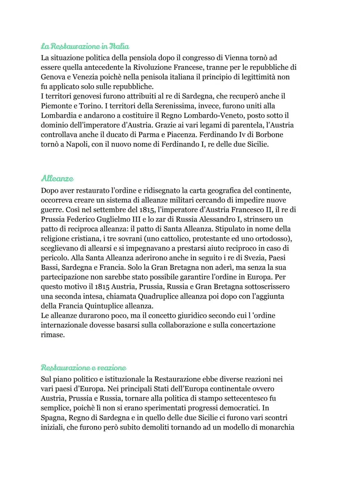 La Restaurazione
Il congresso di Vienna
Il 1 novembre 1814 si aprirono i lavori del Congresso di Vienna. Il principale
promotore di questo i