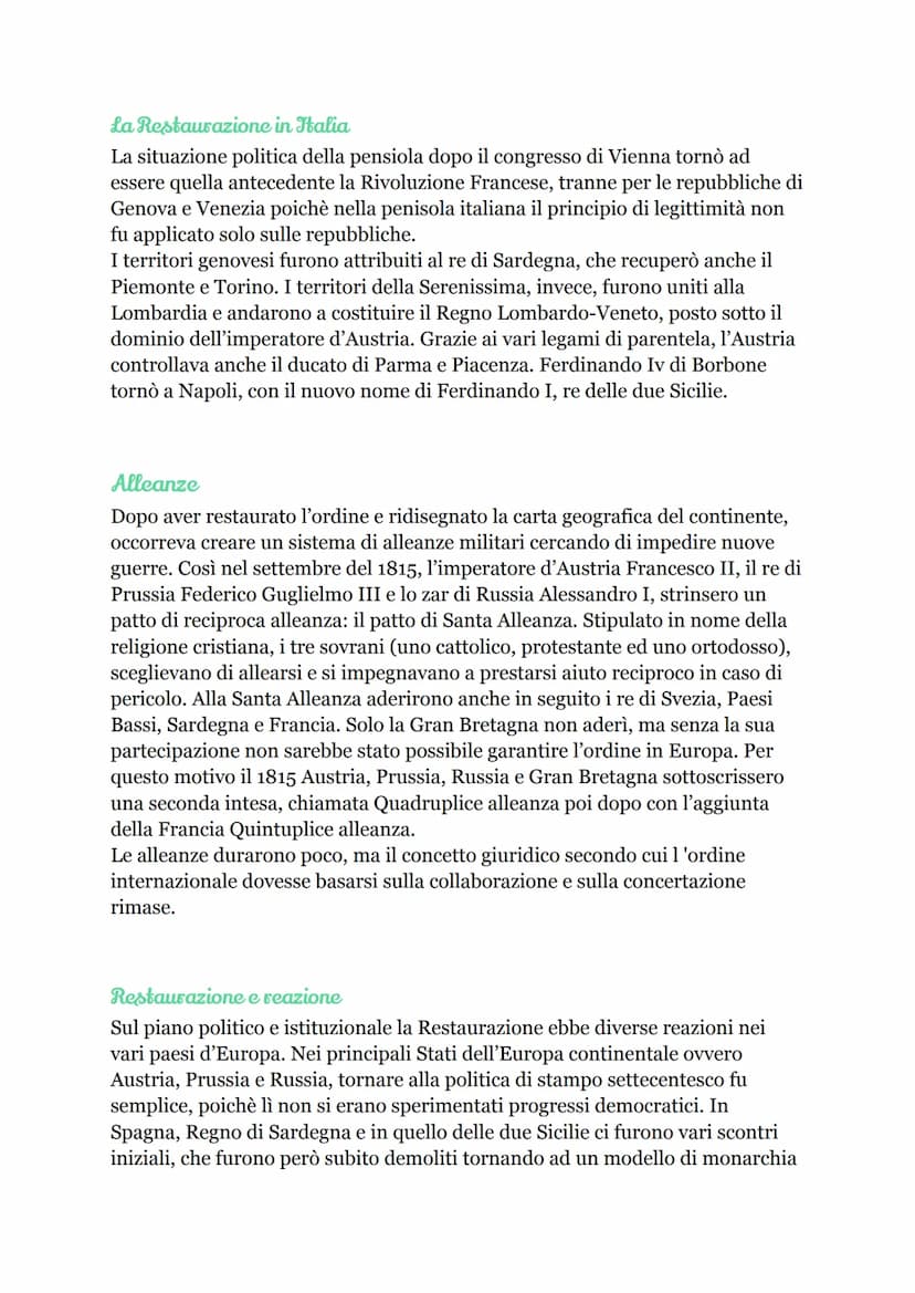 La Restaurazione
Il congresso di Vienna
Il 1 novembre 1814 si aprirono i lavori del Congresso di Vienna. Il principale
promotore di questo i