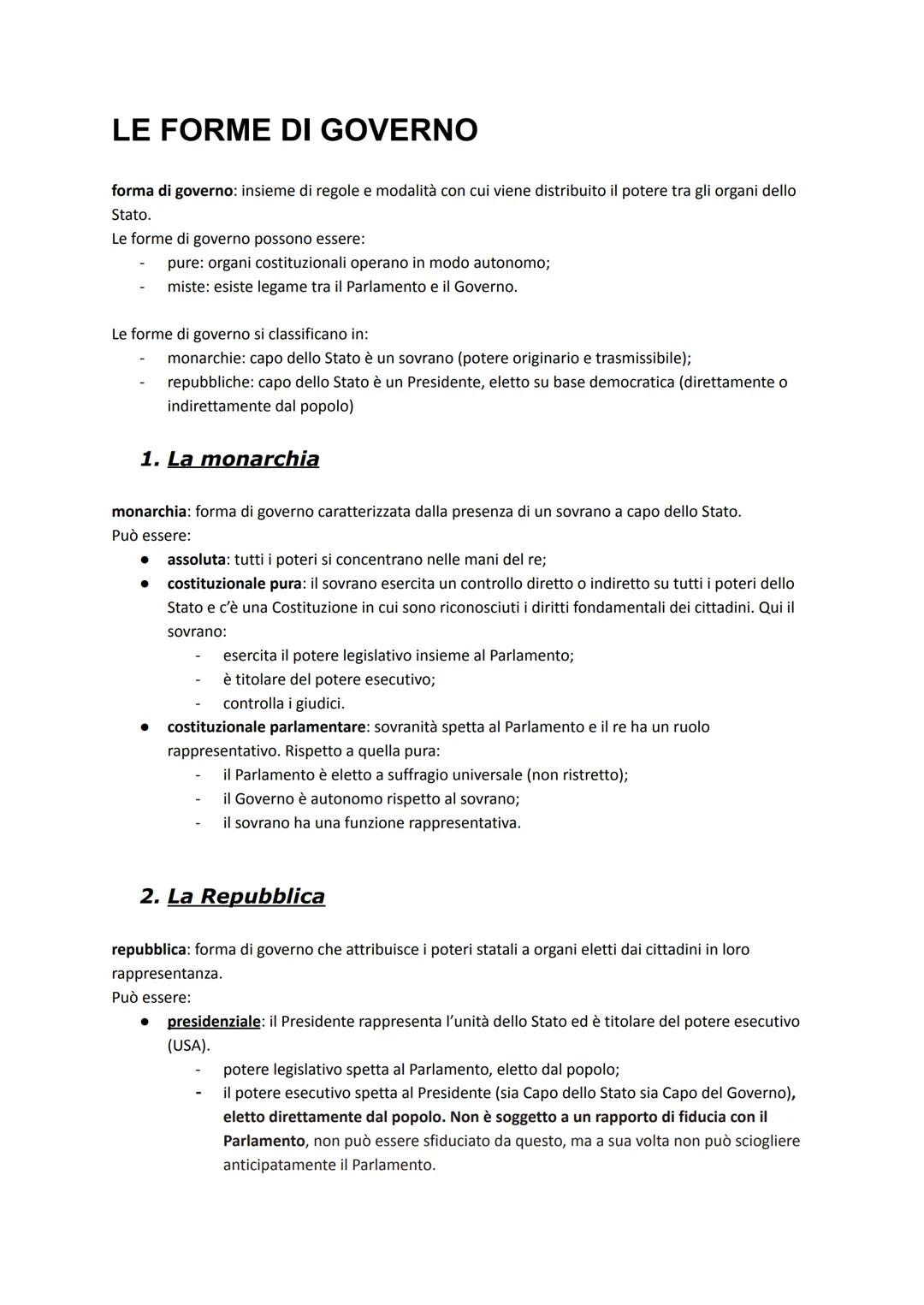 # LE FORME DI GOVERNO

forma di governo: insieme di regole e modalità con cui viene distribuito il potere tra gli organi dello
Stato.

Le fo