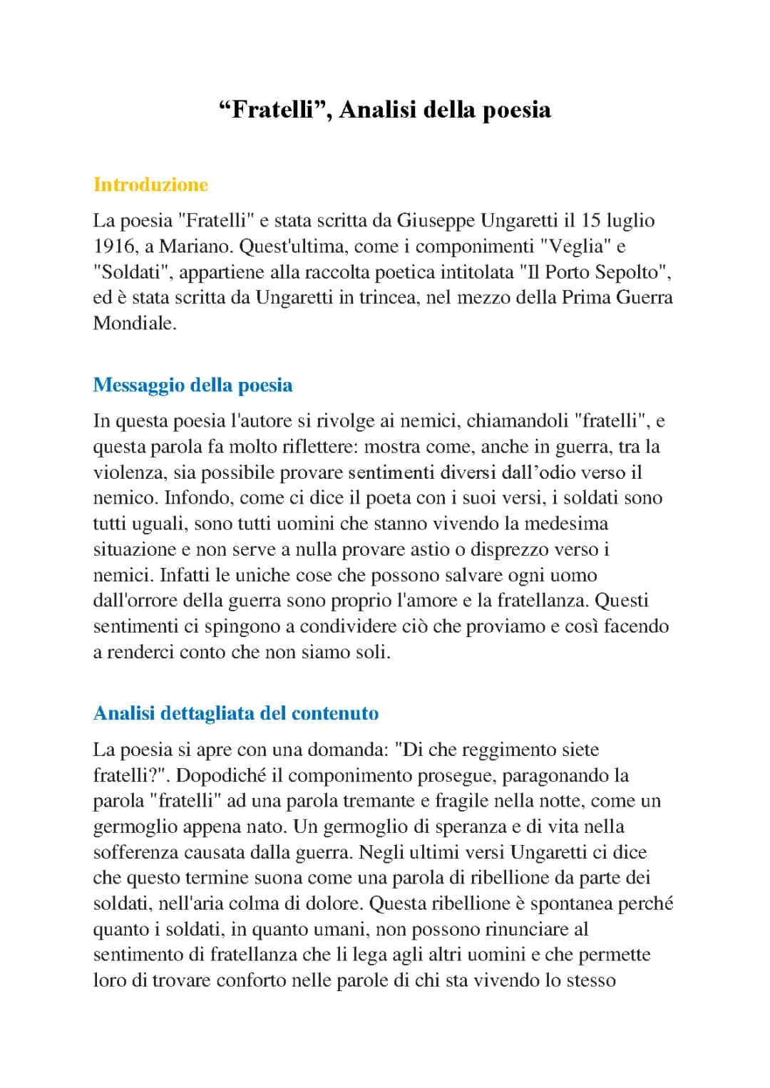 "Fratelli", analisi della poesia