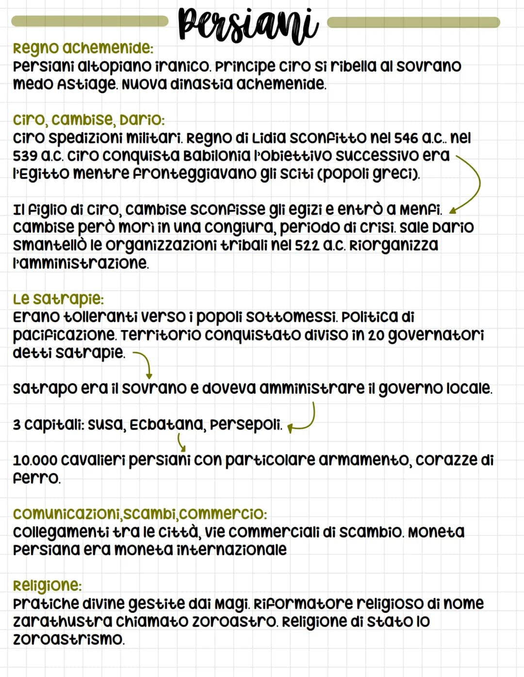 Persiani
Regno achemenide:
Persiani altopiano iranico. Principe ciro si ribella al sovrano
medo Astiage. Nuova dinastia achemenide.
Ciro, ca