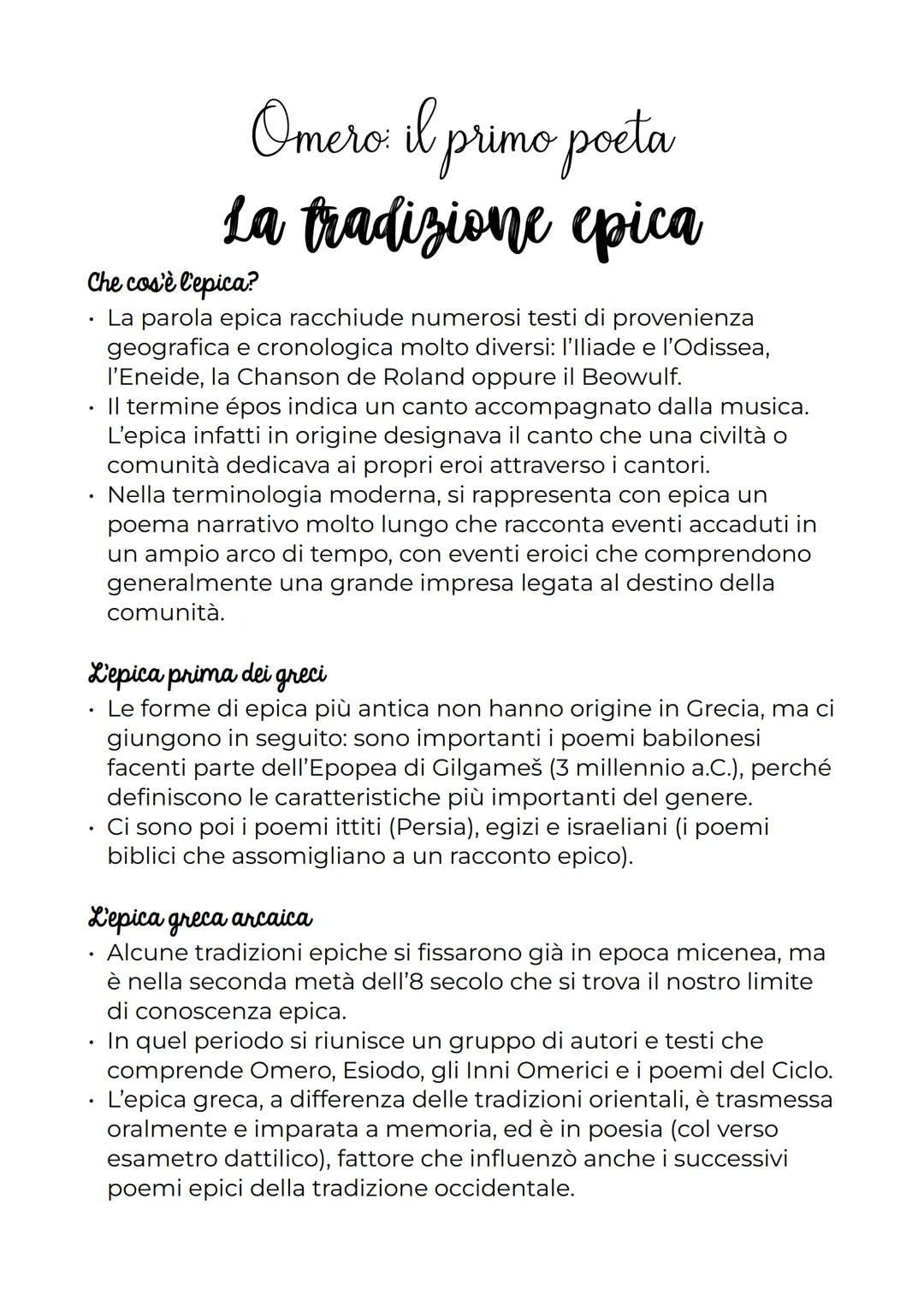 # Omero: il primo poeta

# La tradizione epica

Che cos'è l'epica?

- La parola epica racchiude numerosi testi di provenienza
geografica e c