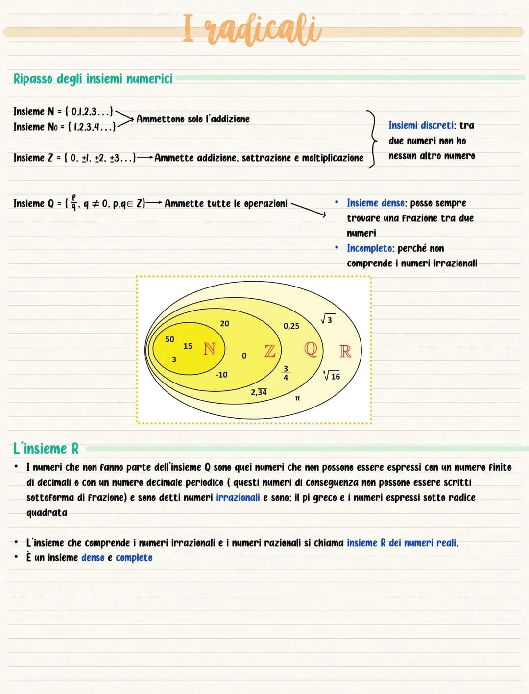 Ripasso degli insiemi numerici
Insieme N = {0.1,2,3...)
Insieme No = {1,2,3.4...)
Ammettono solo l'addizione
I radicali
Insieme Z = { 0, +l.