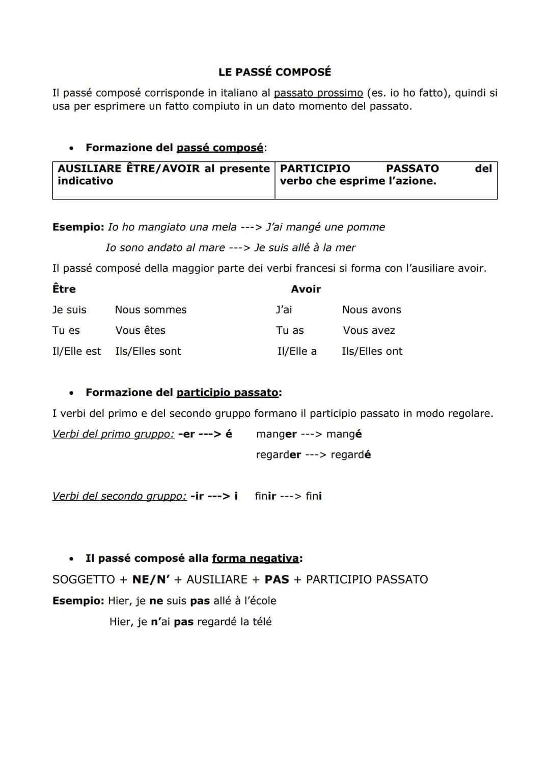 LE PASSÉ COMPOSÉ
Il passé composé corrisponde in italiano al passato prossimo (es. io ho fatto), quindi si
usa per esprimere un fatto compiu