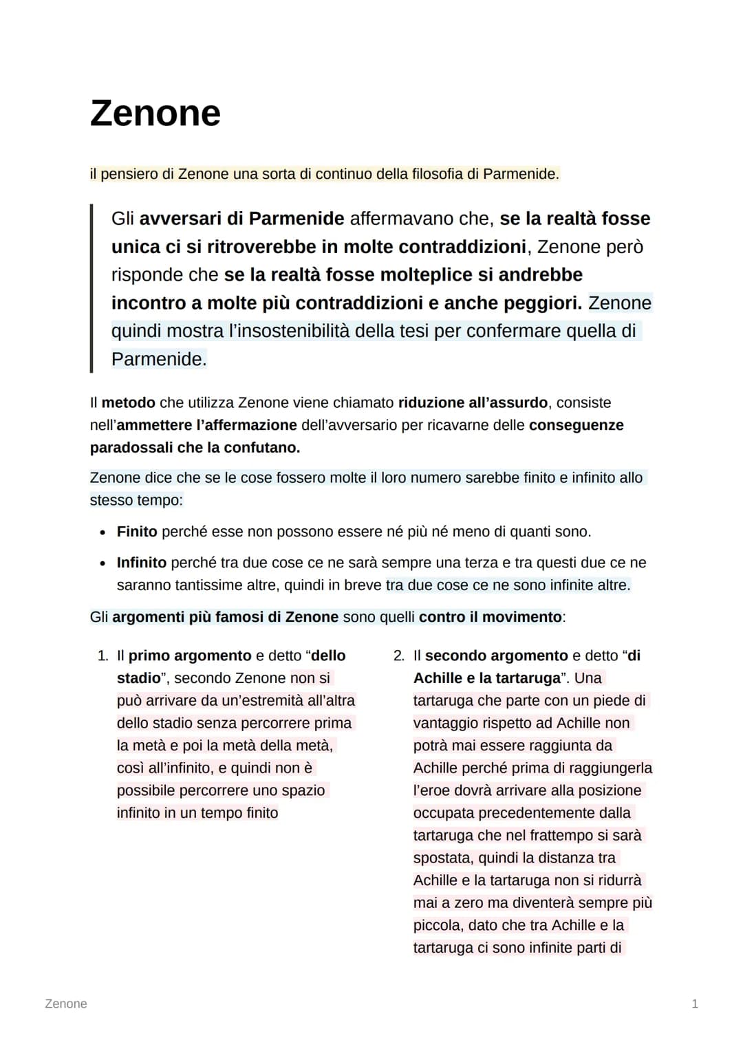 Zenone
Zenone
il pensiero di Zenone una sorta di continuo della filosofia di Parmenide.
Gli avversari di Parmenide affermavano che, se la re