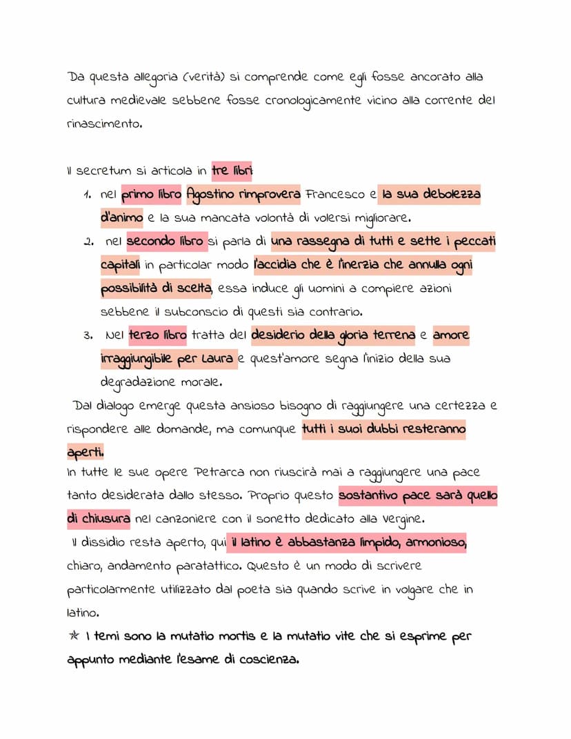 PETRARCA
Il Secretum
PAGINA 387-388
Fu concepito tra il 1342 e il 1343, analogo al tema del secretum il sonetto
rime sparse il quale servirà