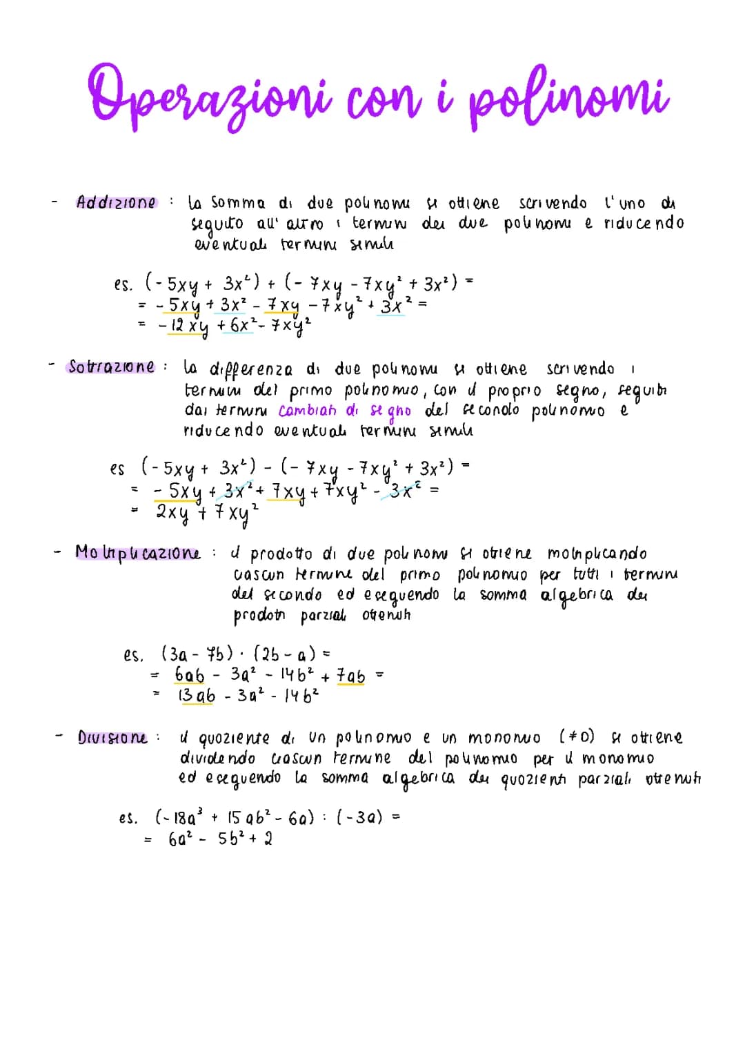 Esercizi Semplici con Polinomi: Somme, Moltiplicazioni e Divisioni in PDF