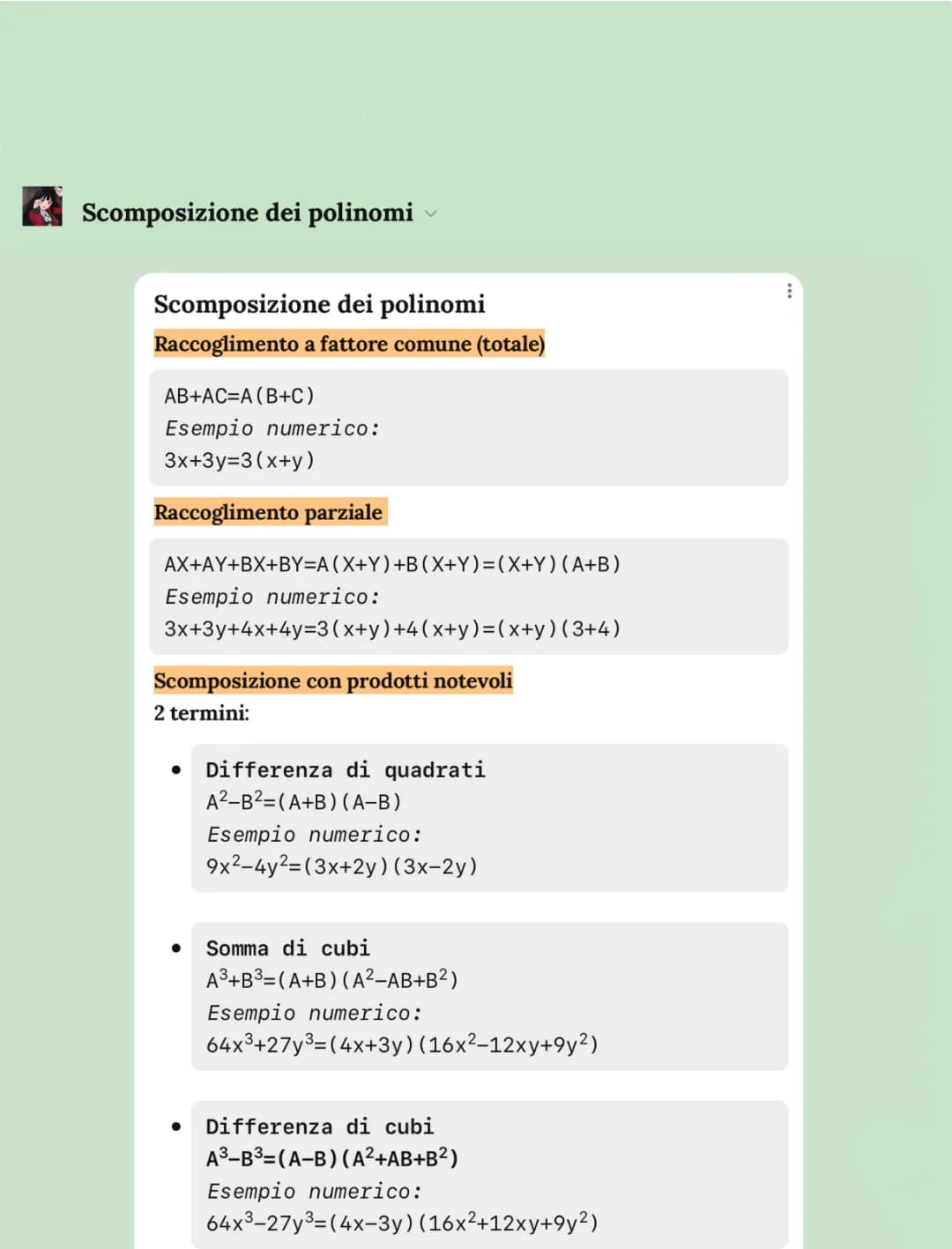 Schema sulla scomposizione dei polinomi