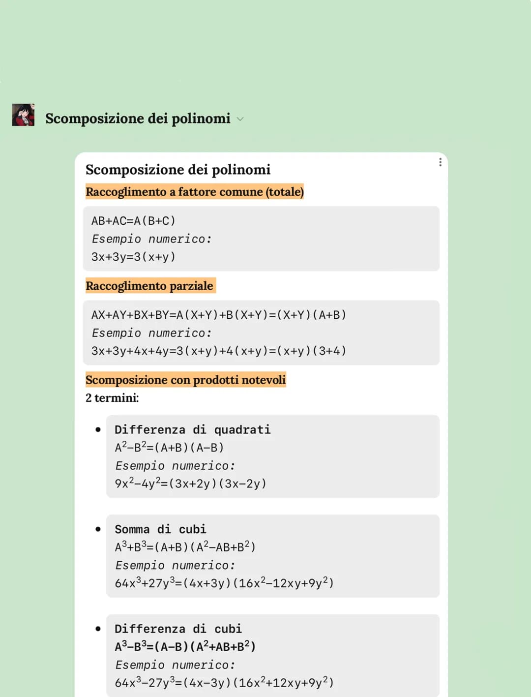 Scomposizione dei polinomi
Scomposizione dei polinomi
Raccoglimento a fattore comune (totale)
AB+AC=A (B+C)
Esempio numerico:
3x+3y=3(x+y)
R