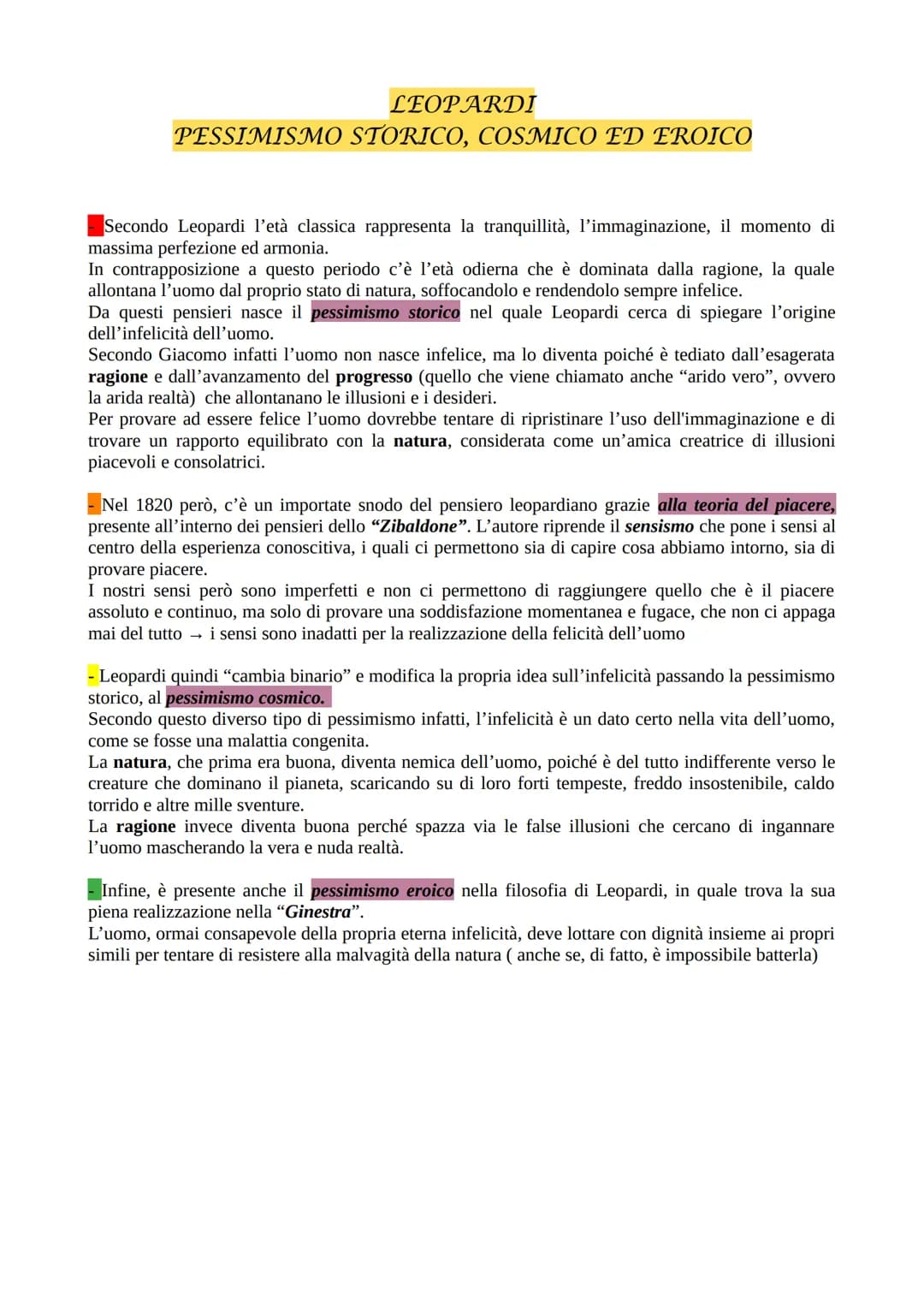 LEOPARDI
PESSIMISMO STORICO, COSMICO ED EROICO
Secondo Leopardi l'età classica rappresenta la tranquillità, l'immaginazione, il momento di
m