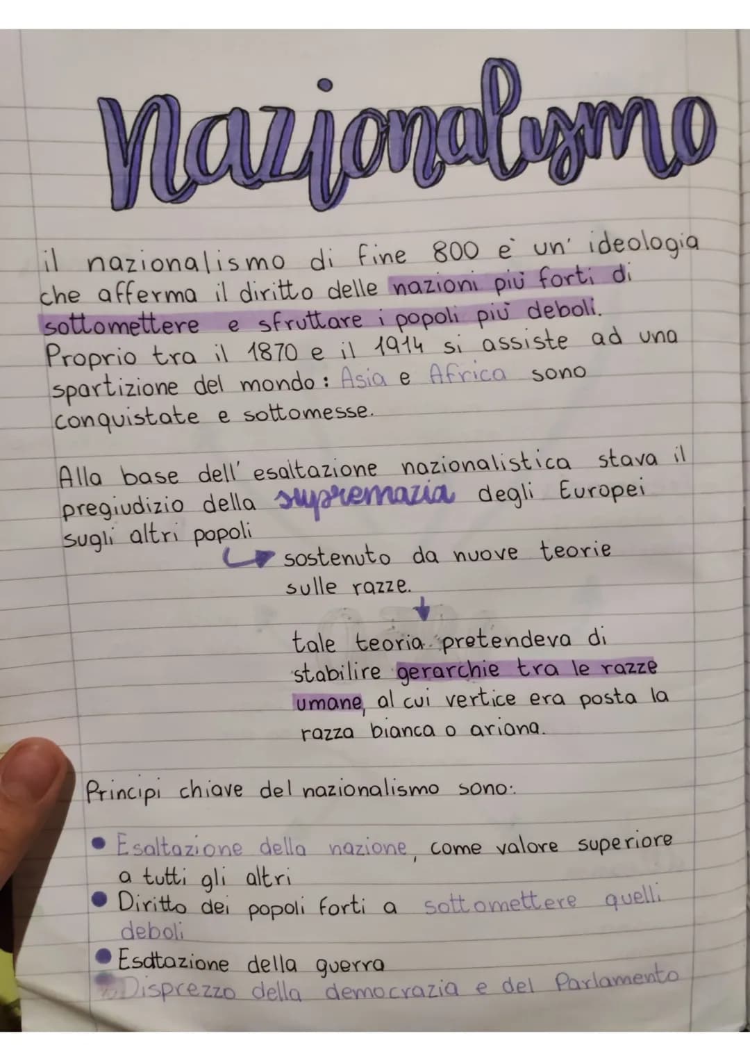 
<p>Il nazionalismo di fine '800 è un'ideologia che afferma il diritto delle nazioni più forti di sottomettere e sfruttare i popoli più debo