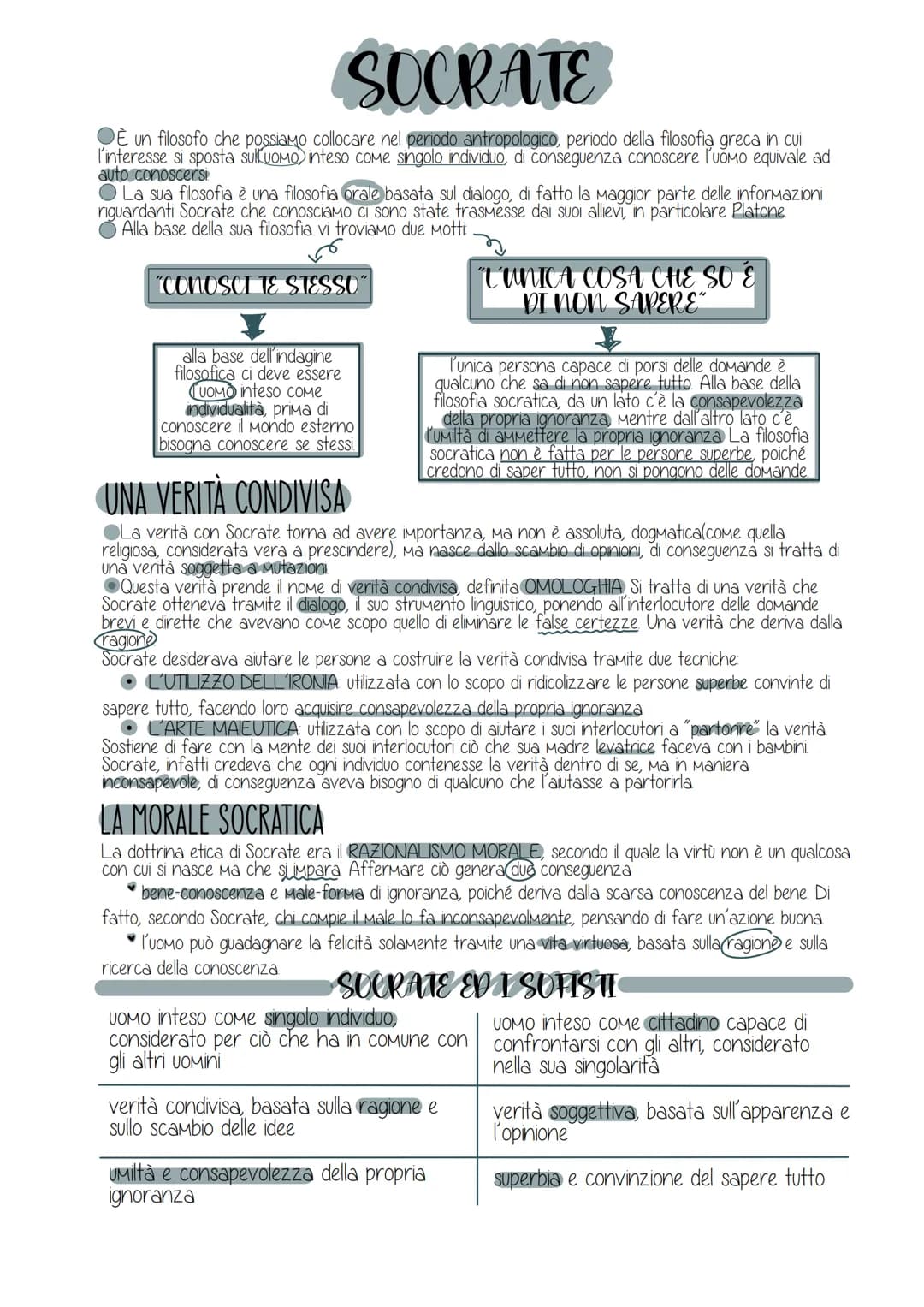 SOCRATE
È un filosofo che possiamo collocare nel periodo antropologico, periodo della filosofia greca in cui
l'interesse si sposta sukuomo) 