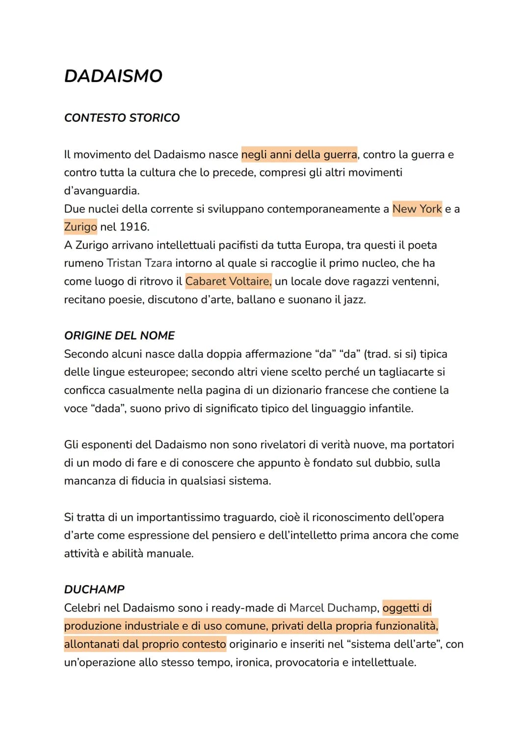 DADAISMO
CONTESTO STORICO
Il movimento del Dadaismo nasce negli anni della guerra, contro la guerra e
contro tutta la cultura che lo precede