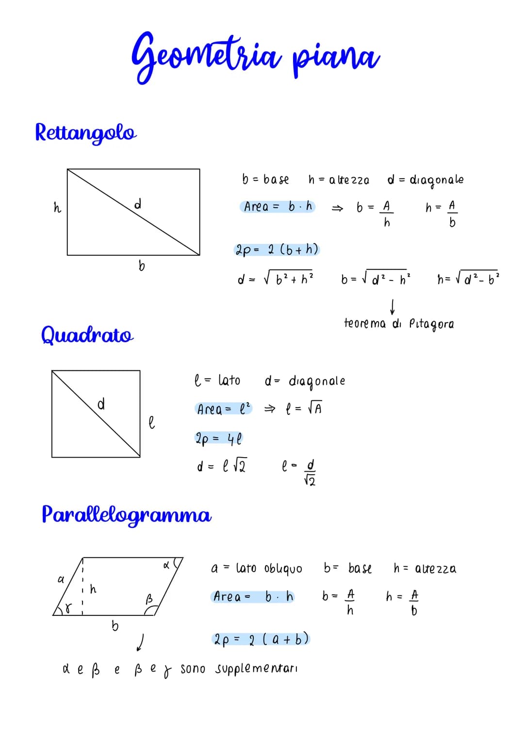 Rettangolo
h
Geometria piana
Quadrato
d
a
d
Parallelogramma
B
α
b = base
Area =
e = lato
Area = 1²
2р = че
d = √₂
2p= 2 (b+h)
d = √b² +h²
b.