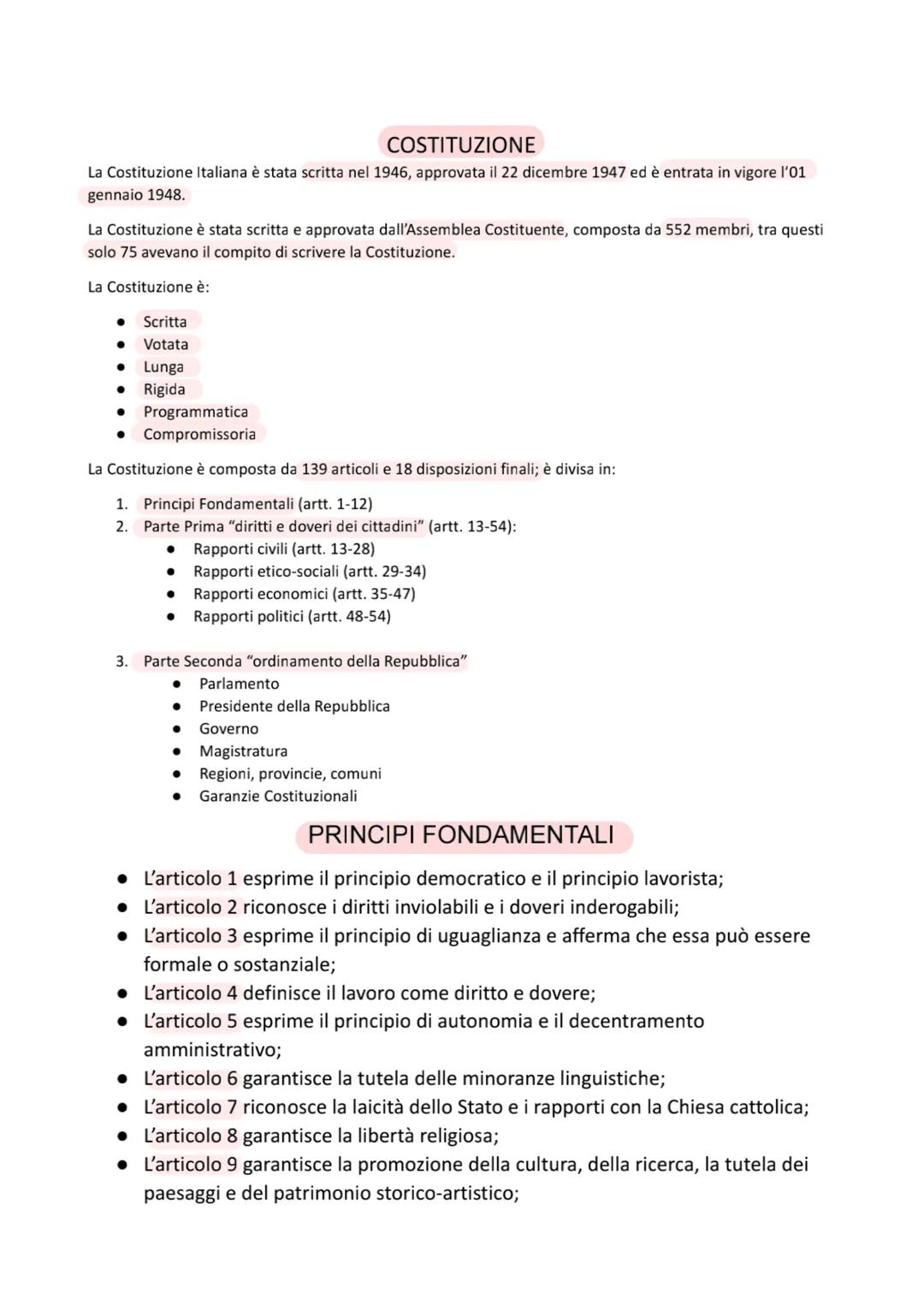 # COSTITUZIONE

La Costituzione Italiana è stata scritta nel 1946, approvata il 22 dicembre 1947 ed è entrata in vigore l'01
gennaio 1948.

