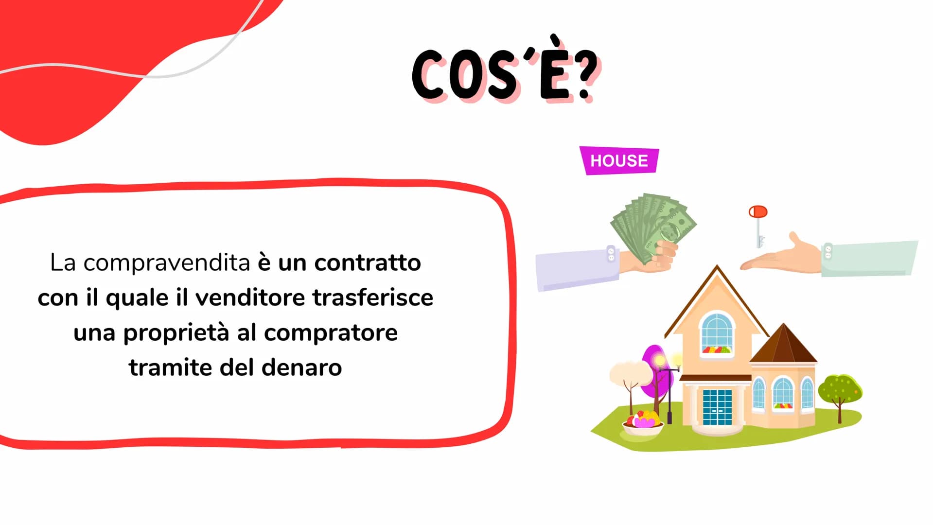 LA COMPRAVENDITA
Presentazione realizzata da
Marica Franzese COS'È?
La compravendita è un contratto
con il quale il venditore trasferisce
un