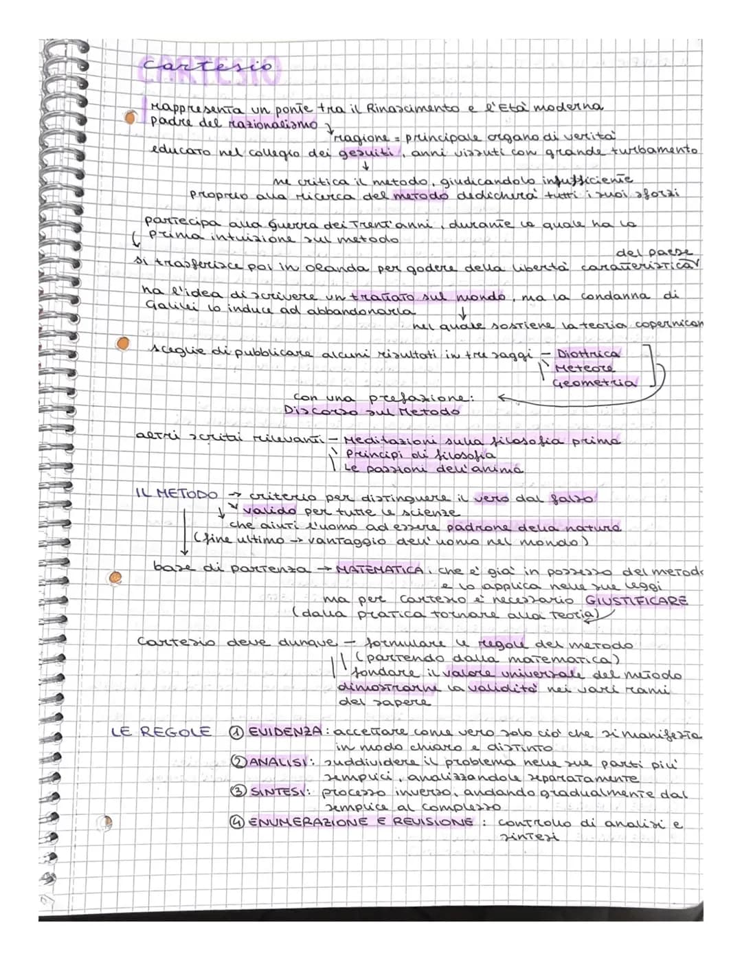O
Cartesio
rappresenta un ponte tra il Rinascimento e l'Età moderna
padre del razionalismo d
Tragione = principale organo di verita
educato 