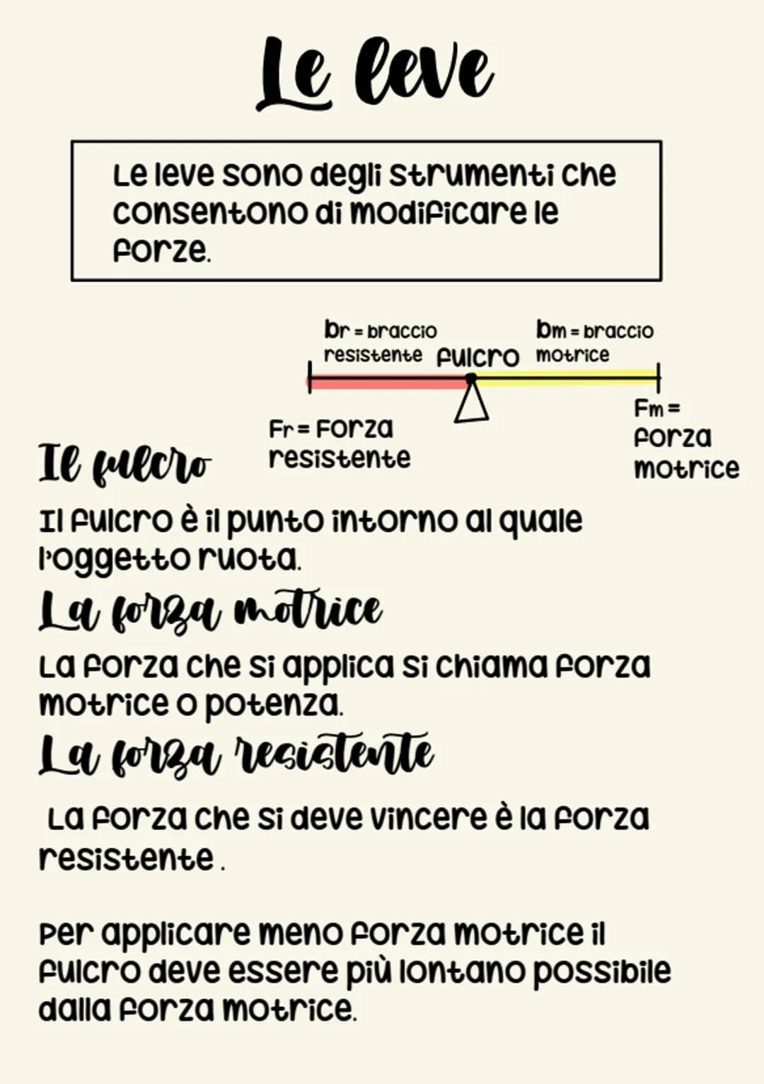 Le leve
Le leve sono degli strumenti che
consentono di modificare le
forze.
br=braccio
resistente Pulcro motrice
bm=braccio
Fr= Forza
resist