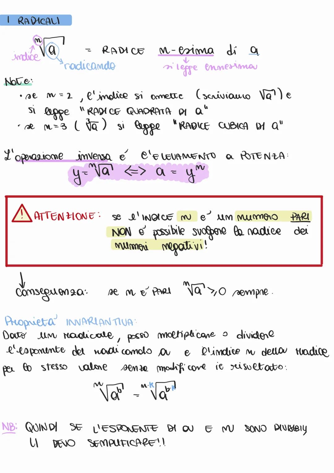 I RADICALI
m
indice
Note:
a
radicando
RADICE
J
n-esima di a
• se m = 2
si legge
• se m= 3 ( ³a) si legge
l'indice si omette
"RADICE QUADRATA