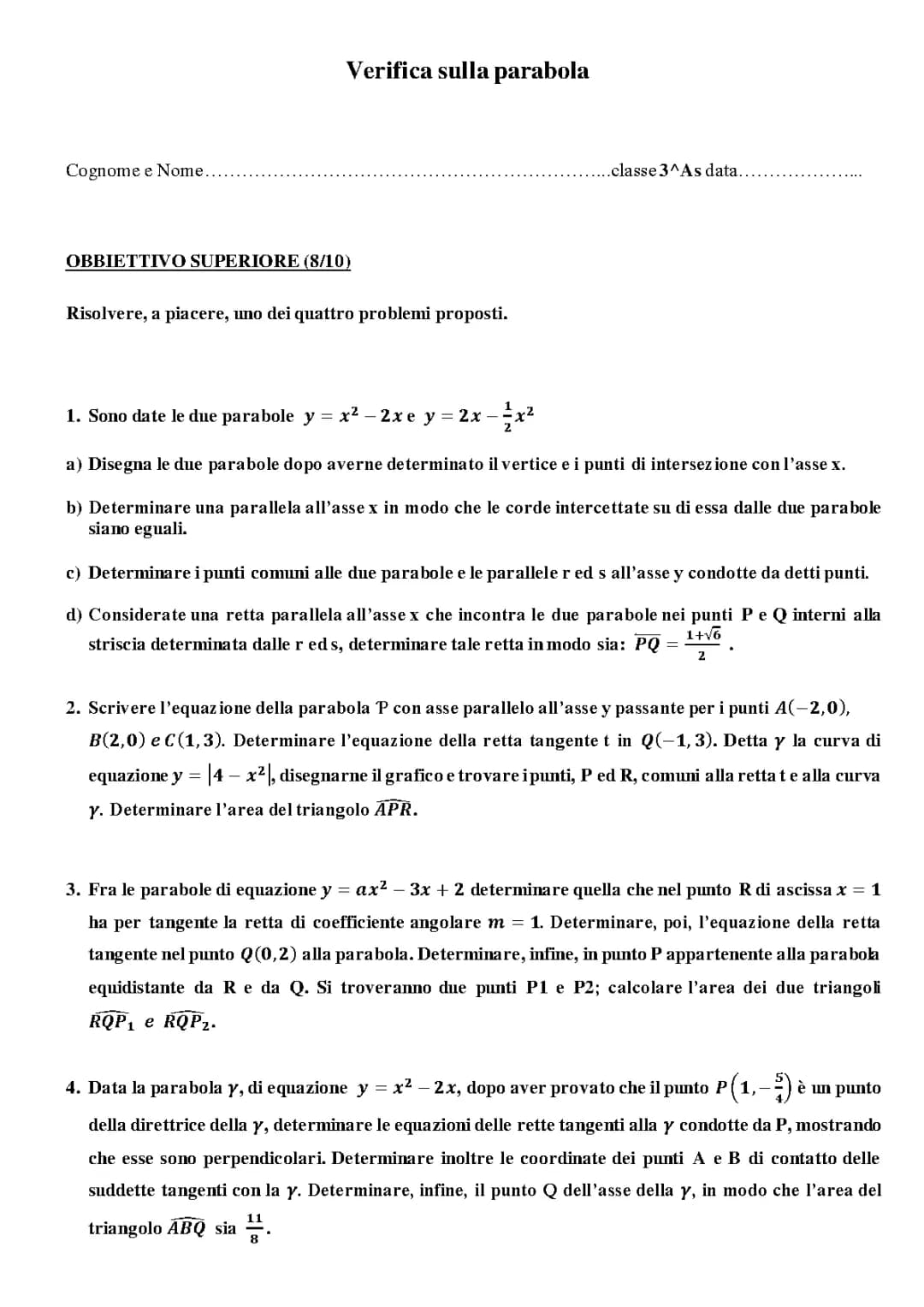Test ed Esercizi Svolti sulla Parabola per Verifica