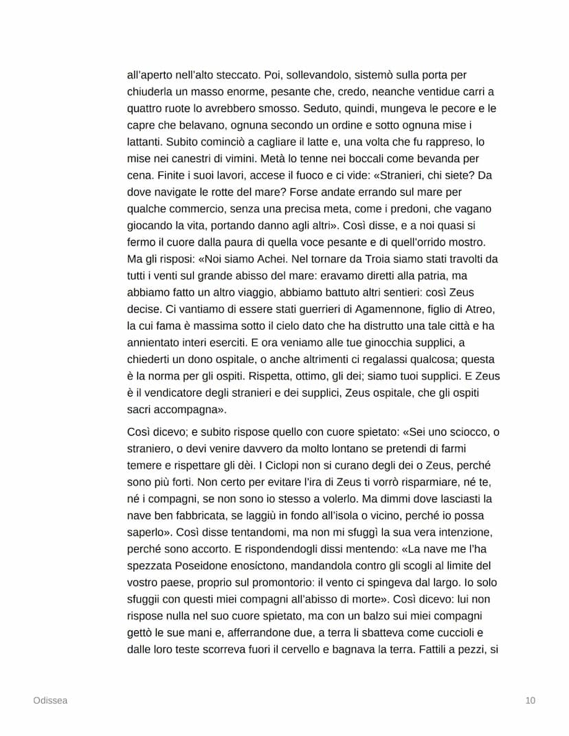 
<h2 id="proemio">Proemio</h2>
<p>Il poema dell'Odissea narra le avventure di Odisseo, un uomo astuto che ha vagato per lungo tempo dopo la 